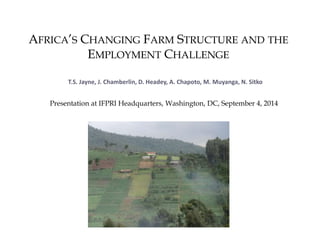 AFRICA’S CHANGING FARM STRUCTURE AND THE 
EMPLOYMENT CHALLENGE 
T.S. Jayne, J. Chamberlin, D. Headey, A. Chapoto, M. Muyanga, N. Sitko 
Presentation at IFPRI Headquarters, Washington, DC, September 4, 2014 
Photo: Christiaensen and Demery (2007) 
 