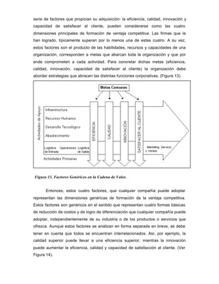 serie de factores que propician su adquisición: la eficiencia, calidad, innovación y
capacidad de satisfacer al cliente, pueden considerarse como las cuatro
dimensiones principales de formación de ventaja competitiva. Las firmas que la
han logrado, típicamente superan por lo menos una de estas cuatro. A su vez,
estos factores son el producto de las habilidades, recursos y capacidades de una
organización, corresponden a metas que abarcan toda la organización y que por
ende comprometen a cada actividad. Para concretar dichas metas (eficiencia,
calidad, innovación, capacidad de satisfacer al cliente) la organización debe
abordar estrategias que abracen las distintas funciones corporativas. (Figura 13).
Entonces, estos cuatro factores, que cualquier compañía puede adoptar
representan las dimensiones genéricas de formación de la ventaja competitiva.
Estos factores son genéricos en el sentido que representan cuatro formas básicas
de reducción de costos y de logro de diferenciación que cualquier compañía puede
adoptar, independientemente de su industria o de los productos o servicios que
ofrezca. Aunque estos factores se analizan en forma separada en breve, se debe
tener en cuenta que todos se encuentran interrelacionados. Así, por ejemplo, la
calidad superior puede llevar a una eficiencia superior, mientras la innovación
puede aumentar la eficiencia, calidad y capacidad de satisfacción al cliente. (Ver
Figura 14).
Figura 13. Factores Genéricos en la Cadena de Valor.
 