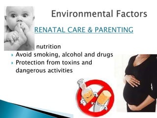 PRENATAL CARE & PARENTINGProper nutritionAvoid smoking, alcohol and drugsProtection from toxins and 	dangerous activitiesEnvironmental Factors