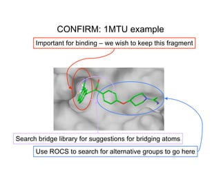 CONFIRM: 1MTU example
      Important for binding – we wish to keep this fragment




Search bridge library for suggestions for bridging atoms
      Use ROCS to search for alternative groups to go here
 