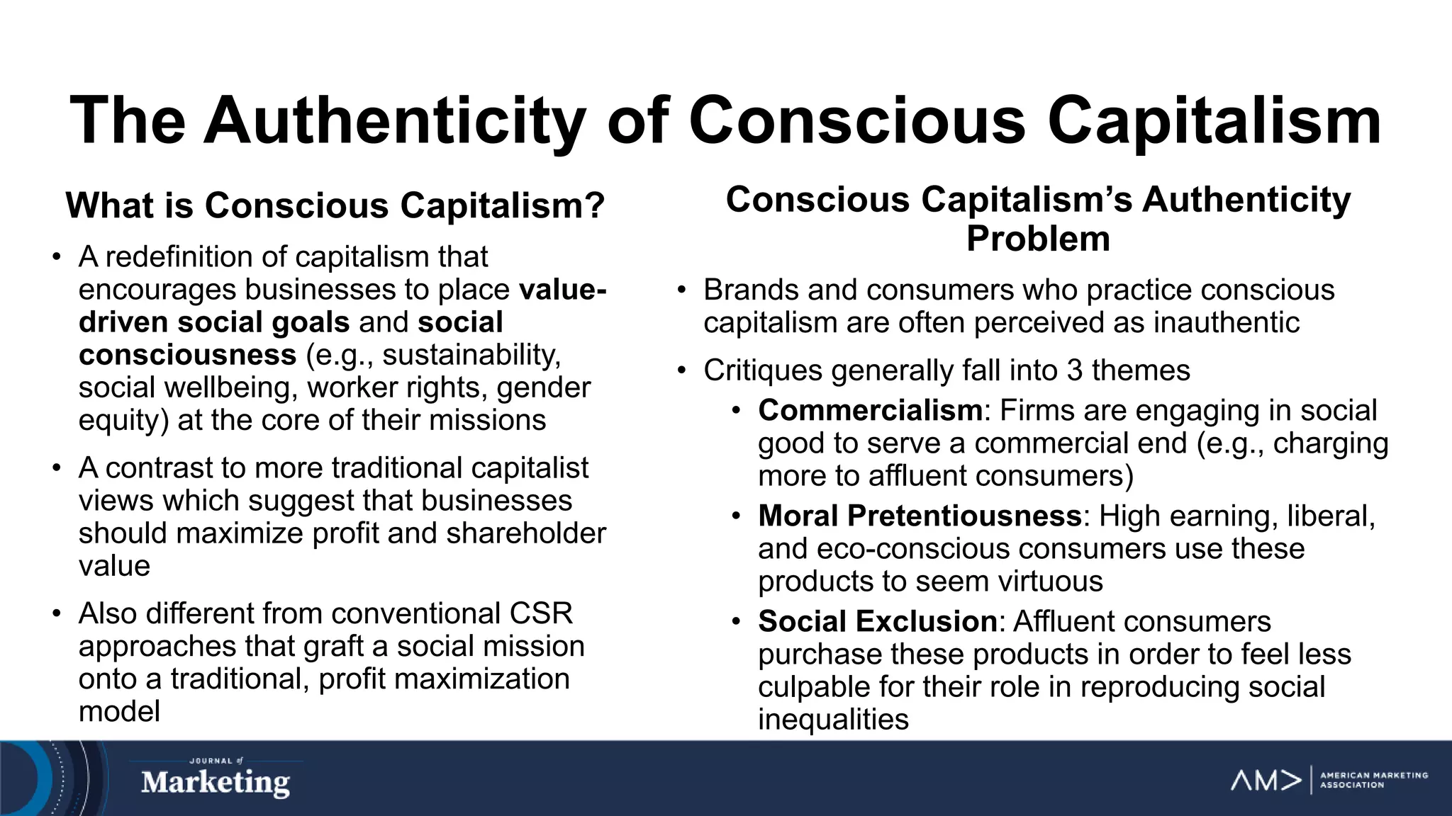 The Authenticity of Conscious Capitalism
What is Conscious Capitalism?
• A redefinition of capitalism that
encourages businesses to place value-
driven social goals and social
consciousness (e.g., sustainability,
social wellbeing, worker rights, gender
equity) at the core of their missions
• A contrast to more traditional capitalist
views which suggest that businesses
should maximize profit and shareholder
value
• Also different from conventional CSR
approaches that graft a social mission
onto a traditional, profit maximization
model
Conscious Capitalism’s Authenticity
Problem
• Brands and consumers who practice conscious
capitalism are often perceived as inauthentic
• Critiques generally fall into 3 themes
• Commercialism: Firms are engaging in social
good to serve a commercial end (e.g., charging
more to affluent consumers)
• Moral Pretentiousness: High earning, liberal,
and eco-conscious consumers use these
products to seem virtuous
• Social Exclusion: Affluent consumers
purchase these products in order to feel less
culpable for their role in reproducing social
inequalities
 