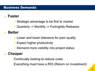 Business Demands

  Faster
       Strategic advantage to be first to market
       Quarterly -> Monthly -> Fortnightly Releases
  Better
       Lower and lower tolerance for poor quality
       Expect higher productivity
       Demand more visibility into project status
  Cheaper
     Continually looking to reduce costs
     Everything must have a ROI (Return on Investment)
                                                         6
 