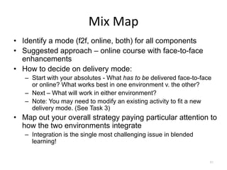 Mix Map
• Identify a mode (f2f, online, both) for all components
• Suggested approach – online course with face-to-face
  enhancements
• How to decide on delivery mode:
   – Start with your absolutes - What has to be delivered face-to-face
     or online? What works best in one environment v. the other?
   – Next – What will work in either environment?
   – Note: You may need to modify an existing activity to fit a new
     delivery mode. (See Task 3)
• Map out your overall strategy paying particular attention to
  how the two environments integrate
   – Integration is the single most challenging issue in blended
     learning!


                                                                     51
 
