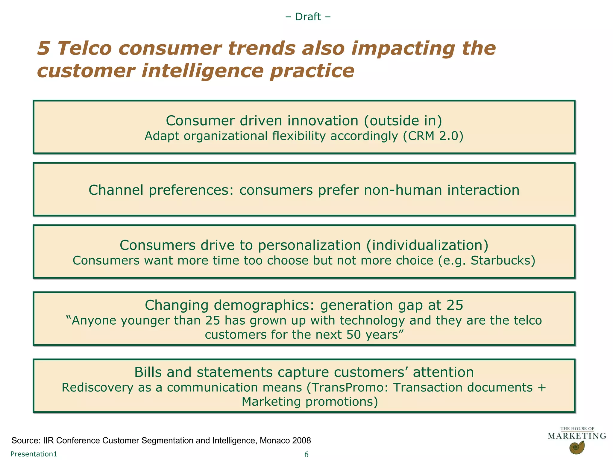 5 Telco consumer trends also impacting the customer intelligence practice Consumer driven innovation (outside in) Adapt organizational flexibility accordingly (CRM 2.0) Channel preferences: consumers prefer non-human interaction Consumers drive to personalization (individualization) Consumers want more time too choose but not more choice (e.g. Starbucks) Changing demographics: generation gap at 25 “ Anyone younger than 25 has grown up with technology and they are the telco customers for the next 50 years” Bills and statements capture customers’ attention Rediscovery as a communication means (TransPromo: Transaction documents + Marketing promotions) Source: IIR Conference Customer Segmentation and Intelligence, Monaco 2008  