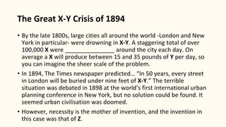 The Great X-Y Crisis of 1894
• By the late 1800s, large cities all around the world -London and New
York in particular- were drowning in X-Y. A staggering total of over
100,000 X were _______________ around the city each day. On
average a X will produce between 15 and 35 pounds of Y per day, so
you can imagine the sheer scale of the problem.
• In 1894, The Times newspaper predicted… “In 50 years, every street
in London will be buried under nine feet of X-Y.” The terrible
situation was debated in 1898 at the world’s first international urban
planning conference in New York, but no solution could be found. It
seemed urban civilisation was doomed.
• However, necessity is the mother of invention, and the invention in
this case was that of Z.
 