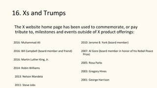 16. Xs and Trumps
The X website home page has been used to commemorate, or pay
tribute to, milestones and events outside of X product offerings:
2010: Jerome B. York (board member)
2007: Al Gore (board member in honor of his Nobel Peace
Prize)
2005: Rosa Parks
2003: Gregory Hines
2001: George Harrison
2016: Muhammad Ali
2016: Bill Campbell (board member and friend)
2016: Martin Luther King, Jr.
2014: Robin Williams
2013: Nelson Mandela
2011: Steve Jobs
 