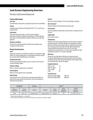 Features/Advantages
Low Cost
Considerable savings when compared to ball screw assemblies.
Variety
Largest range of leads and diameters 3/16” to 3” to match your
requirements.
Lubrication
Internally lubricated plastic nuts will operate without
lubrication. However, additional lubrication or PTFE coating of
the screw is recommended to optimize efficiency and life. See
page 76.
Vibration and Noise
No ball recirculating vibration and often less audible noise
compared to ball screws.
Design Considerations
Load
Supernuts provide a cost effective solution for moderate to light
loads. For vertical applications, anti backlash supernuts should
be mounted with thread/flange on the bottom.
Cantilevered Loads
Cantilevered loads that might cause a moment on the nut will
cause premature failure.
Column Loading
Refer to column loading chart on page 86.
Critical Speed
Refer to critical speed chart on page 84.
Self-Locking
Lead screws can be self locking at low leads. Generally, the
lead of the screw should be more than 1/3 of the diameter to
satisfactorily backdrive.
Custom
Option of custom designs to fit into your design envelope.
Non-Corrosive*
Stainless Steel and internally lubricated acetal.
Environment
Less susceptible to particulate contamination compared to ball
screws.
Lightweight
Less mass to move.
Temperature
Ambient and friction generated heat are the primary causes of
premature plastic nut failure. Observe the temperature limits
below and discuss your design with our application engineers
for continuous duty, high load and high speed applications.
Thomson BSA recommends bronze nuts for very high
temperature environments or can aid in your selection of high
temperature plastic for a custom assembly.
Efficiency
Except at very high leads, efficiency increases as lead
increases. Although the internally lubricated acetal provides
excellent lubricity, Ball Screw Assemblies remain significantly
more efficient than any Acme design.
Length Limitations
3/16” to 1/4”	  3’
5/16” to 10mm	  4’
7/16” to 5/8” 	  6’
5/8”		 12’
Lead Accuracy
Standard Grade (SRA)	 .010 in/ft
Precision Grade (SPR)	 .003 in/ft
Lead Screws Engineering Overview
  * Other materials available on a custom basis.
** Plastic nuts only. See bronze nut section for information on our bronze nut products, page 33.
Assembly Screws Nuts**
Maximum
Temperature
Friction
Coefficient
Material Material
Tensile
Strength
Water
Absorption
(24 HRS %)
Thermal
Expansion
Coefficient
180°F 0.08 – 0.14 Stainless Steel* Acetal with PTFE 8,000 psi 0.15 5.4 x 10-5 in. /in. /°F
Precision Lead Screws  Supernuts®
www.thomsonbsa.com 13
Lead and Ball Screws
 