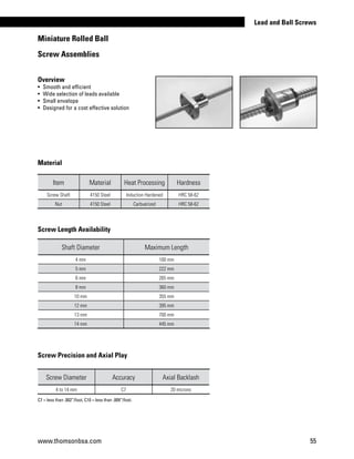 C7 = less than .002”/foot, C10 = less than .009”/foot.
Overview
•	 Smooth and efficient
•	 Wide selection of leads available
•	 Small envelope
•	 Designed for a cost effective solution
Screw Length Availability
Screw Precision and Axial Play
Item Material Heat Processing Hardness
Screw Shaft 4150 Steel Induction Hardened HRC 58-62
Nut 4150 Steel Carbuerized HRC 58-62
Shaft Diameter Maximum Length
4 mm 100 mm
5 mm 222 mm
6 mm 265 mm
8 mm 360 mm
10 mm 355 mm
12 mm 395 mm
13 mm 700 mm
14 mm 445 mm
Screw Diameter Accuracy Axial Backlash
4 to 14 mm C7 20 microns
Material
Miniature Rolled Ball
Screw Assemblies
www.thomsonbsa.com 55
Lead and Ball Screws
 