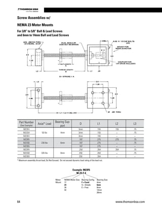 For 3/8” to 5/8” Ball  Lead Screws
and 6mm to 14mm Ball and Lead Screws
Part Number
(See Example)
Axial* Load
Bearing Sup-
port
D L1 L2 L3
M23F4
50 lbs 4mm
3mm .155 .155 .75
M23S4 3mm .155 _ .75
M23E4 3mm .155 _ _
M23F6
230 lbs 6mm
.187 .275 .275 .75
M23S6 .187 .275 _ .75
M23E6 .187 .275 _ _
M23F8
326 lbs 8mm
.250 .354 .354 .75
M23S8 250 .354 _ .75
M23E8 250 .354 _ _
Screw Assemblies w/
NEMA 23 Motor Mounts
* Maximum assembly thrust load, Do Not Exceed. Do not exceed dynamic load rating of the lead nut.
Motor
Mount
NEMA Motor Size
17
23
34
42
Bearing Config.
F = Fixed
S = Simple
E = Free
Bearing Size
4mm
6mm
8mm
12mm
20mm
Example: M23F6
M-23-F-6
64 www.thomsonbsa.com
Linear Motion.Optimized.
 