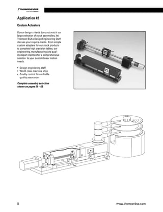 Custom Actuators
If your design criteria does not match our
large selection of stock assemblies, let
Thomson BSA’s Design Engineering Staff
discuss your require-ments. From simple
custom adapters for our stock products
to complete high precision tables, our
engineering, manufacturing and qual-
ity depart-ments offer a comprehensive
solution to your custom linear motion
needs.
• 	Design engineering staff
• 	World class machine shop
• 	Quality control for verifiable
	 quality assurance
Complete assembly selection
shown on pages 61 – 68.
Application #2
8 www.thomsonbsa.com
Linear Motion.Optimized.
 
