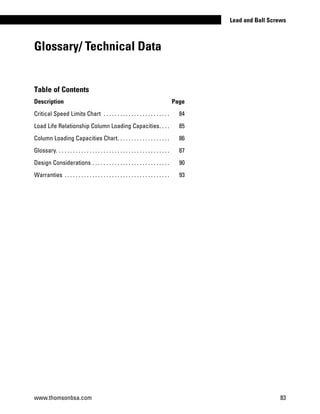 Glossary/ Technical Data
Table of Contents
Description Page
Critical Speed Limits Chart . . . . . . . . . . . . . . . . . . . . . . . . . 	 84
Load Life Relationship Column Loading Capacities. . . . . 	 85
Column Loading Capacities Chart. . . . . . . . . . . . . . . . . . . . 	 86
Glossary.. . . . . . . . . . . . . . . . . . . . . . . . . . . . . . . . . . . . . . . . . 	 87
Design Considerations. . . . . . . . . . . . . . . . . . . . . . . . . . . . . 	 90
Warranties . . . . . . . . . . . . . . . . . . . . . . . . . . . . . . . . . . . . . . . 	 93
www.thomsonbsa.com 83
Lead and Ball Screws
 