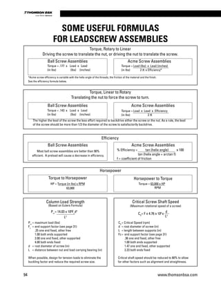 Torque, Linear to Rotary
Translating the nut to force the screw to turn.
Ball Screw Assemblies Acme Screw Assemblies
The higher the lead of the screw the less effort required to backdrive either the screw or the nut. As a rule, the lead
of the screw should be more than 1/3 the diameter of the screw to satisfactorily backdrive.
Torque, Rotary to Linear
Driving the screw to translate the nut, or driving the nut to translate the screw.
Ball Screw Assemblies Acme Screw Assemblies
Torque = .177 x	 Load x	 Lead
(in lbs)	 (lbs) (inches)
Torque = Load (lbs) x Lead (inches)
(in lbs) 2 π x Efficiency*
*Acme screw efficiency is variable with the helix angle of the threads, the friction of the material and the finish.
See the efficiency formula below.
CS	
= Critical Speed (rpm)
d 	= root diameter of screw (in)
L 	= length between supports (in)
Fc	=	 end support factor (see page 31)
		 .36 one end fixed, other free
		 1.00 both ends supported
		 1.47 one end fixed, other supported
		 2.23 both ends fixed
Critical shaft speed should be reduced to 80% to allow
for other factors such as alignment and straightness.
Pcr	
=	maximum load (lbs)
Fc	
=	end support factor (see page 31)
		 .25 one end fixed, other free
		 1.00 both ends supported
		 2.00 one end fixed, other supported
		 4.00 both ends fixed
d 	 =	root diameter of screw (in)
L	 =	distance between nut and load carrying bearing (in)
When possible, design for tension loads to eliminate the
buckling factor and reduce the required screw size.
Horsepower
HP = Torque (in lbs) x RPM
	 63,000
Torque = 63,000 x HP
	 RPM
Efficiency
Most ball screw assemblies are better than 90%
efficient. A preload will cause a decrease in efficiency.
% Efficiency = tan (helix angle) x 100
	 tan (helix angle + arctan f)
f = coefficient of friction
SOME USEFUL FORMULAS
FOR LEADSCREW ASSEMBLIES
Torque = .143 x	 Load x	 Lead
(in lbs)	 (lbs) (inches)
Torque = Load x Lead x Efficiency
(in lbs)	 2 π
Ball Screw Assemblies Acme Screw Assemblies
Torque to Horsepower Horsepower to Torque
Column Load Strength
(Based on Eulers Formula)
Critical Screw Shaft Speed
(Maximum rotational speed of a screw)
Pcr
= 14.03 x 106
Fc
d4
L2
CS
= F x 4.76 x 106
x
d
L2
94 www.thomsonbsa.com
Linear Motion.Optimized.
 