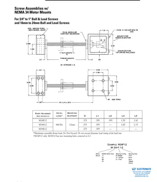 (800) 882-8857 55
Part Number
(See Example)
Axial
load*
Bearing
Support D L1 L2 L3 L4
M34F12
680 lbs 12mm
.375 .395 .395 1.50 2.42
M34S12 .375 .395 — 1.00 2.15
M34E12 .375 .395 — — —
*Maximum assembly thrust load, Do Not Exceed. Do not exceed dynamic load rating of the lead nut.
†M34F12 only. M34S12 has two mounting holes centered on L3.
Motor
Mount
NEMA Motor Size
17
23
34
42
Bearing Config.
F= Fixed
S = Simple
E = Free
Bearing Size
4mm
6mm
8mm
12mm
20mm
Screw Assemblies w/
NEMA 34 Motor Mounts
For 3/4" to 1" Ball & Lead Screws
and 16mm to 24mm Ball and Lead Screws
ELECTROMATE
Toll Free Phone (877) SERVO98
Toll Free Fax (877) SERV099
www.electromate.com
sales@electromate.com
Sold & Serviced By:
 
