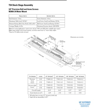 (800) 882-885764
Note: For vertical applications, mount motor side up. DXF and DWG files available upon request.
Note: Stage includes end of travel switches, one home switch and 1/2” motor shaft coupler.
*Based on 50 million inches of travel.
Table Data Screw Data
Rail Diameter: 3/4 in. Screw Diameter: 3/4 in.
Maximum Table Load: 530 lbs* Lead Screw Axial Load Rating: 250 lbs
Moment Rating (Roll, Yaw, Pitch): 600 in-lbs* Ball Screw Axial Load Rating: 620 lbs*
Carriage Weight: 6.0 lbs Maximum Rotation Speed: 2000 RPM
To Order Lead 6” Stroke1
12” Stroke 18” Stroke 24” Stroke
Precision
Acme
Screw
0.20 T3406-A.2 T3412-A.2 T3418-A.2 T3424-A.2
0.50 T3406-A.5 T3412-A.5 T3418-A.5 T3424-A.5
Precision Ball
Screw2
0.20 T3406-B.2 T3412-B.2 T3418-B.2 T3424-B.2
0.50 T3406-B.5 T3412-B.5 T3418-B.5 T3424-B.5
Overall Length 20.4” 26.4” 32.9” 38.9”
Screw Inertia (oz in2) 2.09 2.92 3.70 4.54
1. All strokes have an extra 1/2” of travel at both ends.
2. Single ball nut repeatability 0.002”.
7.5 x 7.5
Carriage Plate
3.69
Mounting Hole (4x)
5/16-18, 1/2 Deep
6.004.500
.75 (4x)
.75 (4x)
Overall Length
4.4
4.8
.75
Mounting Hole for 3/8"
Socket Head
Cap Screw (4x)
10 ft. EOT & Home Cable
7.5
Dimensions are in inches.
T34 Stock Stage Assembly
3/4" Precision Ball and Acme Screws
NEMA 34 Motor Mount
ELECTROMATE
Toll Free Phone (877) SERVO98
Toll Free Fax (877) SERV099
www.electromate.com
sales@electromate.com
Sold & Serviced By:
 