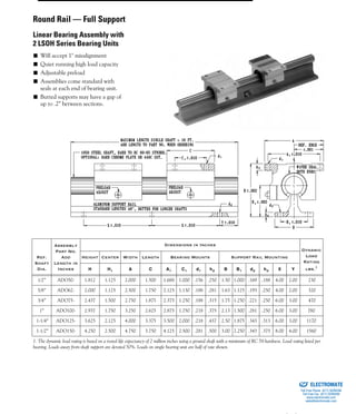 (800) 882-885768
■ Will accept 1° misalignment
■ Quiet running high load capacity
■ Adjustable preload
■ Assemblies come standard with
seals at each end of bearing unit.
■ Butted supports may have a gap of
up to .2” between sections.
Ref.
Shaft
Dia.
Assembly
Part No.
Add
Length in
Inches
Dimensions in Inches
Dynamic
Load
Rating
lbs.1
Height Center Width Length Bearing Mounts Support Rail Mounting
H H1 A C A1 C1 d1 h2 B B1 d2 h3 X Y
1/2” ADO50- 1.812 1.125 2.000 1.500 1.688 1.000 .156 .250 1.50 1.000 .169 .188 4.00 2.00 230
5/8” ADO62- 2.000 1.125 2.500 1.750 2.125 1.130 .188 .281 1.63 1.125 .193 .250 4.00 2.00 320
3/4” ADO75- 2.437 1.500 2.750 1.875 2.375 1.250 .188 .315 1.75 1.250 .221 .250 6.00 3.00 470
1” ADO100- 2.937 1.750 3.250 2.625 2.875 1.750 .218 .375 2.13 1.500 .281 .250 6.00 3.00 780
1-1/4” ADO125- 3.625 2.125 4.000 3.375 3.500 2.000 .218 .437 2.50 1.875 .343 .313 6.00 3.00 1170
1-1/2” ADO150- 4.250 2.500 4.750 3.750 4.125 2.500 .281 .500 3.00 2.250 .343 .375 8.00 4.00 1560
1. The dynamic load rating is based on a travel life expectancy of 2 million inches using a ground shaft with a minimum of RC 58 hardness. Load rating listed per
bearing. Loads away from shaft support are derated 50%. Loads on single bearing unit are half of rate shown.
+– +–
+–
+–
+–
+–
+–
+–
+–
Round Rail — Full Support
Linear Bearing Assembly with
2 LSOH Series Bearing Units
ELECTROMATE
Toll Free Phone (877) SERVO98
Toll Free Fax (877) SERV099
www.electromate.com
sales@electromate.com
Sold & Serviced By:
 