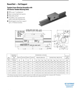 (800) 882-8857 69
■ Will accept 1° misalignment
■ Quiet running high load capacity
■ Adjustable preload
■ Assemblies come standard with
seals at each end of bearing unit.
■ Butted supports may have a gap of
up to .2” between sections.
Ref.
Shaft
Dia.
Assembly
Part No.
Add
Length in
Inches
Dimensions in Inches
Dynamic
Load
Rating
lbs.1
Height Center Width Length Bearing Mounts Support Rail Mounting
H H1 A C A1 C1 d1 h2 B B1 d2 h3 X Y
1/2” ATO50- 1.812 1.125 2.000 3.50 1.688 2.50 .156 .250 1.50 1.000 .169 .188 4.00 2.00 460
5/8” ATO62- 2.000 1.125 2.500 4.00 2.125 3.00 .188 .281 1.63 1.125 .193 .250 4.00 2.00 640
3/4” ATO75- 2.437 1.500 2.750 4.50 2.375 3.50 .188 .315 1.75 1.250 .221 .250 6.00 3.00 940
1” ATO100- 2.937 1.750 3.250 6.00 2.875 4.50 .218 .375 2.13 1.500 .281 .250 6.00 3.00 1560
1-1/4” ATO125- 3.625 2.125 4.000 7.50 3.500 5.50 .218 .437 2.50 1.875 .343 .313 6.00 3.00 2340
1-1/2” ATO150- 4.250 2.500 4.750 9.00 4.125 6.50 .281 .500 3.00 2.250 .343 .375 8.00 4.00 3120
1. The dynamic load rating is based on a travel life expectancy of 2 million inches using a ground shaft with a minimum of RC 58 hardness.
Loads away from shaft support are derated 50%. Loads on single bearing unit are half of rate shown.
+–
+–+–
+–
+–
+–
+–
+–
+–
Round Rail — Full Support
Tandem Linear Bearing Assembly with
LTO Series Tandem Bearing Units
ELECTROMATE
Toll Free Phone (877) SERVO98
Toll Free Fax (877) SERV099
www.electromate.com
sales@electromate.com
Sold & Serviced By:
 