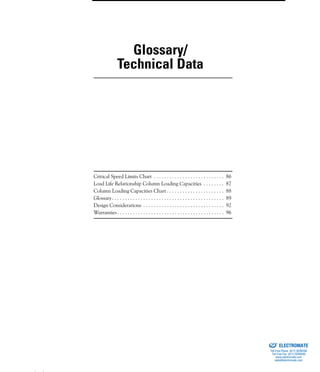 (800) 882-8857 85
Critical Speed Limits Chart . . . . . . . . . . . . . . . . . . . . . . . . . . . 86
Load Life Relationship Column Loading Capacities . . . . . . . . 87
Column Loading Capacities Chart . . . . . . . . . . . . . . . . . . . . . . 88
Glossary. . . . . . . . . . . . . . . . . . . . . . . . . . . . . . . . . . . . . . . . . . . 89
Design Considerations . . . . . . . . . . . . . . . . . . . . . . . . . . . . . . . 92
Warranties. . . . . . . . . . . . . . . . . . . . . . . . . . . . . . . . . . . . . . . . . 96
Glossary/
Technical Data
ELECTROMATE
Toll Free Phone (877) SERVO98
Toll Free Fax (877) SERV099
www.electromate.com
sales@electromate.com
Sold & Serviced By:
 