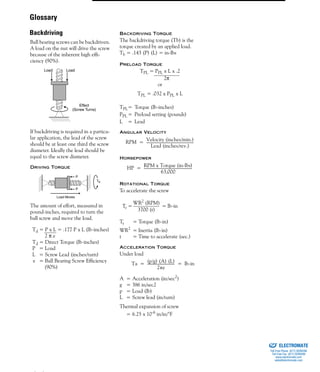 (800) 882-8857 91
Ball bearing screws can be backdriven.
A load on the nut will drive the screw
because of the inherent high effi-
ciency (90%).
If backdriving is required in a particu-
lar application, the lead of the screw
should be at least one third the screw
diameter. Ideally the lead should be
equal to the screw diameter.
DRIVING TORQUE
The amount of effort, measured in
pound-inches, required to turn the
ball screw and move the load.
BACKDRIVING TORQUE
The backdriving torque (Tb) is the
torque created by an applied load.
Tb = .143 (P) (L) = in-lbs
PRELOAD TORQUE
TPL = PPL x L x .2
2π
or
TPL = .032 x PPL x L
TPL= Torque (lb-inches)
PPL = Preload setting (pounds)
L = Lead
ANGULAR VELOCITY
HORSEPOWER
ROTATIONAL TORQUE
To accelerate the screw
Tr = Torque (lb-in)
WR2
= Inertia (lb-in)
t = Time to accelerate (sec.)
ACCELERATION TORQUE
Under load
A = Acceleration (in/sec2
)
g = 386 in/sec2
p = Load (lb)
L = Screw lead (in/turn)
Thermal expansion of screw
= 6.25 x 10-6 in/in/°F
Effect
(Screw Turns)
LoadLoad
P
P
Load Moves
Td
Td = P x L = .177 P x L (lb-inches)
2 π e
Td = Direct Torque (lb-inches)
P = Load
L = Screw Lead (inches/turn)
e = Ball Bearing Screw Efficiency
(90%)
RPM Velocity (inches/min.)
Lead (inches/rev.)
-----------------------------------------------------------------=
HP RPM x Torque (in-lbs)
63,000
-------------------------------------------------------------------=
WR2 (RPM)
3700 (t)
= lb-inTr =
Ta (p/g) (A) (L)
2πe
-------------------------------------- lb-in= =
Glossary
Backdriving
ELECTROMATE
Toll Free Phone (877) SERVO98
Toll Free Fax (877) SERV099
www.electromate.com
sales@electromate.com
Sold & Serviced By:
 