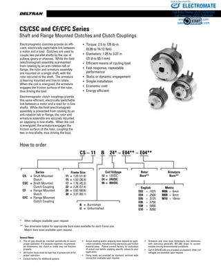 www.thomsonlinear.com100
Electromagnetic clutches provide an effi-
cient, electrically switchable link between
a motor and a load. Clutches are used to
couple two parallel shafts by the use of
pulleys, gears or sheaves. While the field
(electromagnet) assembly is prevented
from rotating by an anti-rotation tab or
flange, the rotor and armature assembly
are mounted on a single shaft, with the
rotor secured to the shaft. The armature
is bearing mounted and free to rotate.
When the coil is energized, the armature
engages the friction surface of the rotor,
thus driving the load.
Electromagnetic clutch couplings provide
this same efficient, electrically switchable
link between a motor and a load for in-line
shafts. While the field (electromagnet)
assembly is prevented from rotating by an
anti-rotation tab or flange, the rotor and
armature assembly are securely mounted
on opposing in-line shafts. When the coil
is energized, the armature engages the
friction surface of the rotor, coupling the
two in-line shafts, thus driving the load.
•	 Torque: 2.5 to 125 lb-in
	 (0.28 to 14.12 Nm)
•	 Diameters: 1.25 to 3.27 in
	 (31.8 to 83.1 mm)
•	 Efficient means of cycling load
•	 Fast response, repeatable
	 performance
•	 Static or dynamic engagement
•	 Simple installation
•	 Economic cost
•	 Energy efficient
General Notes
•	 The air gap should be checked periodically to insure
proper operation. If it exceeds maximum recommend-
ed dimensions, the clutch or brake may not function
properly.
•	 All friction faces must be kept free of grease and oil for
proper operation.
•	 Consult factory for additional options.
•	 Actual starting and/or stopping times depend on appli-
cation variables, manufacturing tolerances and friction
material wear. Please consult factory for evaluation
of actual use before applying specific values to your
application.
•	 Flying leads are provided as standard, terminal style
connection available upon request.
•	 Armature and rotor bore dimensions are minimums,
with tolerance generally .001/.002 larger to accom-
modate varying environmental conditions.
•	 Coil of 24  90 volts are provided as standard, other coil
voltages are available upon request.
How to order
*	 Other voltages available upon request
**	 See dimension tables for appropriate bore sizes available for each frame size. 	
	 Metric bore sizes available upon request.
CS/CSC and CF/CFC Series
Shaft and Flange Mounted Clutches and Clutch Couplings
Series
	 CS	 =	 Shaft Mounted 	
			 Clutch
	 CSC	 =	 Shaft Mounted 	
			 Clutch Coupling
	 CF	 =	 Flange Mounted 	
			 Clutch
	 CFC	 =	 Flange Mounted 	
			 Clutch Coupling
B	 =	 Burnished
U	 =	 Unburnished
Coil Voltage
12	 =	 12VDC
24	 =	 24VDC
90	 =	 90VDC
	    English     	     Metric
	 E03	 =	 .1875	 M06	 =	 6mm
	 E04	 =	 .2500	 M08	 =	 8mm
	 E05	 =	 .3125	 M10	 =	 10mm
	 E06	 =	 .3750	
	 E08	 =	 .5000	
	 E10	 =	 .6250	
CS – 11    B    24* – E04** – E04**
Frame Size
11	 =	 1.25 (31.8)
15	 =	 1.53 (38.9)
17	 =	 1.78 (45.2)
22	 =	 2.26 (57.4)
26	 =	 2.63 (66.8)
30	 =	 3.27 (83.1)
Rotor
Bore**
Armature
Bore**
ELECTROMATE
Toll Free Phone (877) SERVO98
Toll Free Fax (877) SERV099
www.electromate.com
sales@electromate.com
Sold  Serviced By:
 