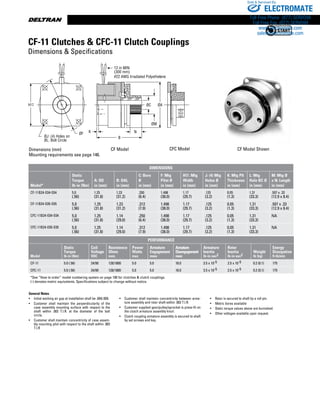 www.thomsonlinear.com106
ØJ: (4) Holes on
ØL: Bolt Circle
B
ØF
ØC
ØM
K
ØAH
12 in MIN
(300 mm)
#22 AWG Irradiated Polyethelene
N
General Notes
•	 Initial working air gap at installation shall be .004/.009.
•	 Customer shall maintain the perpendicularity of the
case assembly mounting surface with respect to the
shaft within .003 T.I.R. at the diameter of the bolt
circle.
•	 Customer shall maintain concentricity of case assem-
bly mounting pilot with respect to the shaft within .003
T.I.R
•	 Customer shall maintain concentricity between arma-
ture assembly and rotor shaft within .003 T.I.R.
•	 Customer supplied gear/pulley/sprocket is press-fit on
the clutch armature assembly knurl.
•	 Clutch coupling armature assembly is secured to shaft
by set screws and key.
•	 Rotor is secured to shaft by a roll pin.
•	 Metric bores available
•	 Static torque values above are burnished.
•	 Other voltages available upon request.
CF Model CFC Model CF Model Shown
CF-11 Clutches  CFC-11 Clutch Couplings
Dimensions  Specifications
Dimensions (mm)
Mounting requirements see page 146.
Dimensions
Model*
Static
Torque
lb-in (Nm)
A: OD
in (mm)
B: OAL
in (mm)
C: Bore
Ø
in (mm)
F: Mtg
Pilot Ø
in (mm)
H : Mtg
Width
in (mm)
J: (4) Mtg
Holes Ø
in (mm)
K: Mtg Plt
Thickness
in (mm)
L: Mtg
Hole BC Ø
in (mm)
M: Mtg Ø
x N: Length
in (mm)
CF-11B24-E04-E04 5.0
(.56)
1.25
(31.8)
1.23
(31.2)
.250
(6.4)
1.498
(38.0)
1.17
(29.7)
.125
(3.2)
0.05
(1.3)
1.31
(33.3)
.507 x .33
(12.9 x 8.4)
CF-11B24-E05-E05 5.0
(.56)
1.25
(31.8)
1.23
(31.2)
.312
(7.9)
1.498
(38.0)
1.17
(29.7)
.125
(3.2)
0.05
(1.3)
1.31
(33.3)
.507 x .33
(12.9 x 8.4)
CFC-11B24-E04-E04 5.0
(.56)
1.25
(31.8)
1.14
(29.0)
.250
(6.4)
1.498
(38.0)
1.17
(29.7)
.125
(3.2)
0.05
(1.3)
1.31
(33.3)
NA
CFC-11B24-E05-E05 5.0
(.56)
1.25
(31.8)
1.14
(29.0)
.312
(7.9)
1.498
(38.0)
1.17
(29.7)
.125
(3.2)
0.05
(1.3)
1.31
(33.3)
NA
PERFORMANCE
Model
Static
Torque
lb-in (Nm)
Coil
Voltage
VDC
Resistence
Ohms
nom.
Power
Watts
max
Armature
Engagement
msec
Armature
Disengagement
msec
Armature
Inertia
lb-in-sec2
Rotor
Inertia
lb-in-sec2
Weight
lb (kg)
Energy
Dissipation
ft-lb/min
CF-11 5.0 (.56) 24/90 128/1800 5.0 5.0 18.0 3.5 x 10-5 2.5 x 10-5 0.2 (0.1) 175
CFC-11 5.0 (.56) 24/90 128/1800 5.0 5.0 18.0 3.5 x 10-5 2.5 x 10-5 0.2 (0.1) 175
*See “How to order” model numbering system on page 100 for clutches  clutch couplings.
(-) denotes metric equivalents. Specifications subject to change without notice.
ELECTROMATE
Toll Free Phone (877) SERVO98
Toll Free Fax (877) SERV099
www.electromate.com
sales@electromate.com
Sold  Serviced By:
 