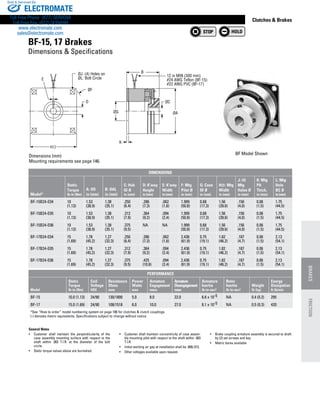 www.thomsonlinear.com 113
Clutches  Brakes
ØG
ØF
E
K
D ØC
B
ØA
ØJ: (4) Holes on
ØL: Bolt Circle
H
12 in MIN (300 mm)
#24 AWG Teflon (BF-15)
#22 AWG PVC (BF-17)
General Notes
•	 Customer shall maintain the perpendicularity of the
case assembly mounting surface with respect to the
shaft within .003 T.I.R. at the diameter of the bolt
circle.
•	 Static torque values above are burnished.
•	 Customer shall maintain concentricity of case assem-
bly mounting pilot with respect to the shaft within .003
T.I.R.
•	 Initial working air gap at installation shall be .006/.013.
•	 Other voltages available upon request.
•	 Brake coupling armature assembly is secured to shaft
by (2) set screws and key.
•	 Metric bores available
BF Model Shown
BF-15, 17 Brakes
Dimensions  Specifications
Dimensions (mm)
Mounting requirements see page 146.
Dimensions
Model*
Static
Torque
lb-in (Nm)
A: OD
in (mm)
B: OAL
in (mm)
C: Hub
ID Ø
in (mm)
D: K’way
Height
in (mm)
E: K’way
Width
in (mm)
F: Mtg
Pilot Ø
in (mm)
G: Case
ID Ø
in (mm)
H : Mtg
Width
in (mm)
J: (4)
Mtg
Holes Ø
in (mm)
K: Mtg
Plt
Thick.
in (mm)
L: Mtg
Hole
BC Ø
in (mm)
BF-15B24-E04 10
(1.13)
1.53
(38.9)
1.38
(35.1)
.250
(6.4)
.286
(7.3)
.062
(1.6)
1.999
(50.8)
0.68
(17.3)
1.56
(39.6)
.156
(4.0)
0.06
(1.5)
1.75
(44.5)
BF-15B24-E05 10
(1.13)
1.53
(38.9)
1.38
(35.1)
.312
(7.9)
.364
(9.2)
.094
(2.4)
1.999
(50.8)
0.68
(17.3)
1.56
(39.6)
.156
(4.0)
0.06
(1.5)
1.75
(44.5)
BF-15B24-E06 10
(1.13)
1.53
(38.9)
1.38
(35.1)
.375
(9.5)
NA NA 1.999
(50.8)
0.68
(17.3)
1.56
(39.6)
.156
(4.0)
0.06
(1.5)
1.75
(44.5)
BF-17B24-E04 15
(1.69)
1.78
(45.2)
1.27
(32.3)
.250
(6.4)
.286
(7.3)
.062
(1.6)
2.436
(61.9)
0.75
(19.1)
1.82
(46.2)
.187
(4.7)
0.06
(1.5)
2.13
(54.1)
BF-17B24-E05 15
(1.69)
1.78
(45.2)
1.27
(32.3)
.312
(7.9)
.364
(9.2)
.094
(2.4)
2.436
(61.9)
0.75
(19.1)
1.82
(46.2)
.187
(4.7)
0.06
(1.5)
2.13
(54.1)
BF-17B24-E06 15
(1.69)
1.78
(45.2)
1.27
(32.3)
.375
(9.5)
.425
(10.8)
.094
(2.4)
2.436
(61.9)
0.75
(19.1)
1.82
(46.2)
.187
(4.7)
0.06
(1.5)
2.13
(54.1)
PERFORMANCE
Model
Static
Torque
lb-in (Nm)
Coil
Voltage
VDC
Resistance
Ohms
nom.
Power
Watts
max
Armature
Engagement
msec
Armature
Disengagement
msec
Armature
Inertia
lb-in-sec2
Rotor
Inertia
lb-in-sec2
Weight
lb (kg)
Energy
Dissipation
ft-lb/min
BF-15 10.0 (1.13) 24/90 130/1800 5.0 8.0 22.0 6.6 x 10-5 NA 0.4 (0.2) 295
BF-17 15.0 (1.69) 24/90 108/1518 6.0 10.0 27.0 8.1 x 10-5 NA 0.5 (0.3) 420
*See “How to order” model numbering system on page 100 for clutches  clutch couplings.
(-) denotes metric equivalents. Specifications subject to change without notice.
BRAKESFRICTION
ELECTROMATE
Toll Free Phone (877) SERVO98
Toll Free Fax (877) SERV099
www.electromate.com
sales@electromate.com
Sold  Serviced By:
 
