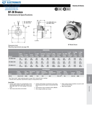 www.thomsonlinear.com 115
Clutches  Brakes
ØF
ØJ: (4) Holes on
ØL: Bolt Circle
ØG
E
D
B
K
ØC
ØA
H
12 in MIN (300 mm)
#22 AWG Teflon
General Notes
•	 Customer shall maintain the perpendicularity of the
case assembly mounting surface with respect to the
shaft within .003 T.I.R. at the diameter of the bolt
circle.
•	 Static torque values above are burnished.
•	 Customer shall maintain concentricity of case assem-
bly mounting pilot with respect to the shaft within .003
T.I.R.
•	 Initial working air gap at installation shall be .008/.018.
•	 Other voltages available upon request.
•	 Brake coupling armature assembly is secured to shaft
by (2) set screws and key.
•	 Metric bores available
BF Model Shown
BF-30 Brakes
Dimensions  Specifications
Dimensions (mm)
Mounting requirements see page 146.
Dimensions
Model*
Static
Torque
lb-in (Nm)
A: OD
in (mm)
B:OAL
in (mm)
C: Hub
ID Ø
in (mm)
D: K’way
Height
in (mm)
E: K’way
Width
in (mm)
F: Mtg
Pilot Ø
in (mm)
G: Case
ID Ø
in (mm)
H : Mtg
Width
in (mm)
J: (4)
Mtg
Holes Ø
in (mm)
K: Mtg
Plt
Thick.
in (mm)
L: Mtg
Hole
BC Ø
in (mm)
BF-30B24-E06 125
(14.12)
3.27
(83.1)
1.93
(49.0)
.375
(9.5)
.425
(10.8)
.094
(2.4)
4.186
(106.3)
1.75
(44.5)
3.25
(82.6)
.187
(4.7)
0.09
(2.3)
3.75
(95.3)
BF-30B24-E08 125
(14.12)
3.27
(83.1)
1.93
(49.0)
.500
(12.7)
.564
(14.3)
.125
(3.2)
4.186
(106.3)
1.75
(44.5)
3.25
(82.6)
.187
(4.7)
0.09
(2.3)
3.75
(95.3)
BF-30B24-E10 125
(14.12)
3.27
(83.1)
1.93
(49.0)
.625
(15.9)
.709
(18.0)
.188
(4.8)
4.186
(106.3)
1.75
(44.5)
3.25
(82.6)
.187
(4.7)
0.09
(2.3)
3.75
(95.3)
PERFORMANCE
Model
Static
Torque
lb-in (Nm)
Coil
Voltage
VDC
Resistance
Ohms
nom.
Power
Watts
max
Armature
Engagement
msec
Armature
Disengagement
msec
Armature
Inertia
lb-in-sec2
Rotor
Inertia
lb-in-sec2
Weight
lb (kg)
Energy
Dissipation
ft-lb/min
BF-30 125.0 (14.13) 24/90 43/594 15.0 18.0 45.0 179 x 10-5 NA 3.0 (1.3) 2900
*See “How to order” model numbering system on page 110 for clutches  clutch couplings.
(-) denotes metric equivalents. Specifications subject to change without notice.
BRAKESFRICTION
ELECTROMATE
Toll Free Phone (877) SERVO98
Toll Free Fax (877) SERV099
www.electromate.com
sales@electromate.com
Sold  Serviced By:
 