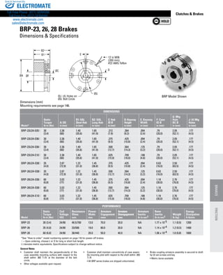 www.thomsonlinear.com 119
Clutches  Brakes
12 in MIN
(300 mm)
#22 AWG Teflon
General Notes
•	 Customer shall maintain the perpendicularity of the
case assembly mounting surface with respect to the
shaft within .003 T.I.R. at the diameter of the bolt
circle.
•	 Other voltages available upon request.
•	 Customer shall maintain concentricity of case assem-
bly mounting pilot with respect to the shaft within .003
T.I.R.
	 •	All BRP series brakes are shipped unburnished.
•	 Brake coupling armature assembly is secured to shaft
by (2) set screws and key.
	 •	Metric bores available
BRP Model Shown
BRP-23, 26, 28 Brakes
Dimensions  Specifications
Dimensions (mm)
Mounting requirements see page 146.
Dimensions
Model*
Static
Torque
lb-in (Nm)
A: OD
in (mm)
B1: OAL
Short Hub
in (mm)
B2: OAL
Long Hub
in (mm)
C: Hub
ID Ø
in (mm)
D: Keyway
Height
in (mm)
E. Keyway
Width
in (mm)
F: Case
ID Ø
in (mm)
G: Mtg
Hole
BC Ø
in (mm)
J: (4) Mtg
Holes
in (mm)
BRP-23U24-E05X 30
(3.4)
2.36
(60)
1.40
(35.6)
1.65
(41.9)
.312
(7.9)
.364
(9.2)
.094
(2.4)
.79
(20.0)
2.05
(52.1)
.177
(4.5)
BRP-23U24-E06X 30
(3.4)
2.36
(60)
1.40
(35.6)
1.65
(41.9)
.375
(9.5)
.425
(10.8)
.094
(2.4)
.79
(20.0)
2.05
(52.1)
.177
(4.5)
BRP-23U24-E08X 30
(3.4)
2.36
(60)
1.40
(35.6)
1.65
(41.9)
.500
(12.7)
.564
(14.3)
.125
(3.2)
.79
(20.0)
2.05
(52.1)
.177
(4.5)
BRP-23U24-E10X 30
(3.4)
2.36
(60)
1.40
(35.6)
1.65
(41.9)
.625
(15.9)
.709
(18.0)
.188
(4.8)
.79
(20.0)
2.05
(52.1)
.177
(4.5)
BRP-26U24-E06X 35
(4.0)
2.87
(72.9)
1.22
(31.0)
1.45
(36.8)
.375
(9.5)
.425
(10.8)
.094
(2.4)
0.63
(16.0)
2.50
(63.5)
.177
(4.5)
BRP-26U24-E08X 35
(4.0)
2.87
(72.9)
1.22
(31.0)
1.45
(36.8)
.500
(12.7)
.564
(14.3)
.125
(3.2)
0.63
(16.0)
2.50
(63.5)
.177
(4.5)
BRP-28U24-E06X 60
(6.8)
3.03
(77)
1.22
(31.0)
1.45
(36.8)
.375
(9.5)
.425
(10.8)
.094
(2.4)
1.18
(30.0)
2.76
(70.0)
.177
(4.5)
BRP-28U24-E08X 60
(6.8)
3.03
(77)
1.22
(31.0)
1.45
(36.8)
.500
(12.7)
.564
(14.3)
.125
(3.2)
1.18
(30.0)
2.76
(70.0)
.177
(4.5)
BRP-28U24-E10X 60
(6.8)
3.03
(77)
1.22
(31.0)
1.45
(36.8)
.625
(15.9)
.709
(18.0)
.188
(4.8)
1.18
(30.0)
2.76
(70.0)
.177
(4.5)
PERFORMANCE
Model
Static
Torque
lb-in (Nm)
Coil
Voltage
VDC
Resistance
Ohms
nom.
Power
Watts
max
Armature
Engagement
msec
Armature
Disengagement
msec
Armature
Inertia
lb-in-sec2
Rotor
Inertia
lb-in-sec2
Weight
lb (kg)
Energy
Dissipation
ft-lb/min
BRP-23 30 (3.4) 24/90 46.5/700 13.0 70.0 20.0 NA 1.77 x 10-5 1.1 (0.5) 1200
BRP-26 35 (4.0) 24/90 33/506 19.0 80.0 20.0 NA 1.14 x 10-4 1.2 (0.5) 1400
BRP-28 60 (6.8) 24/90 36/440 20.0 50.0 40.0 NA 1.06 x 10-4 1.8 (0.8) 1800
*See “How to order” model numbering system on page 116 for power-off brakes.
X = Upon ordering, choose L or S for long or short hub length.
(-) denotes metric equivalents. Specifications subject to change without notice.
BRAKESFRICTION
ELECTROMATE
Toll Free Phone (877) SERVO98
Toll Free Fax (877) SERV099
www.electromate.com
sales@electromate.com
Sold  Serviced By:
 