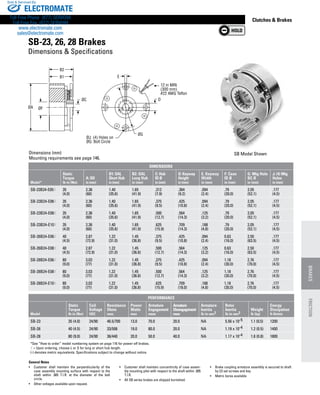 www.thomsonlinear.com 123
Clutches  Brakes
12 in MIN
(300 mm)
#22 AWG Teflon
General Notes
•	 Customer shall maintain the perpendicularity of the
case assembly mounting surface with respect to the
shaft within .005 T.I.R. at the diameter of the bolt
circle.
•	 Other voltages available upon request.
•	 Customer shall maintain concentricity of case assem-
bly mounting pilot with respect to the shaft within .005
T.I.R.
•	 All SB series brakes are shipped burnished.
•	 Brake coupling armature assembly is secured to shaft
by (2) set screws and key.
•	 Metric bores available
SB Model Shown
SB-23, 26, 28 Brakes
Dimensions  Specifications
Dimensions (mm)
Mounting requirements see page 146.
Dimensions
Model*
Static
Torque
lb-in (Nm)
A: OD
in (mm)
B1: OAL
Short Hub
in (mm)
B2: OAL
Long Hub
in (mm)
C: Hub
ID Ø
in (mm)
D: Keyway
Height
in (mm)
E. Keyway
Width
in (mm)
F: Case
ID Ø
in (mm)
G: Mtg Hole
BC Ø
in (mm)
J: (4) Mtg
Holes
in (mm)
SB-23B24-E05X 35
(4.0)
2.36
(60)
1.40
(35.6)
1.65
(41.9)
.312
(7.9)
.364
(9.2)
.094
(2.4)
.79
(20.0)
2.05
(52.1)
.177
(4.5)
SB-23B24-E06X 35
(4.0)
2.36
(60)
1.40
(35.6)
1.65
(41.9)
.375
(9.5)
.425
(10.8)
.094
(2.4)
.79
(20.0)
2.05
(52.1)
.177
(4.5)
SB-23B24-E08X 35
(4.0)
2.36
(60)
1.40
(35.6)
1.65
(41.9)
.500
(12.7)
.564
(14.3)
.125
(3.2)
.79
(20.0)
2.05
(52.1)
.177
(4.5)
SB-23B24-E10X 35
(4.0)
2.36
(60)
1.40
(35.6)
1.65
(41.9)
.625
(15.9)
.709
(14.3)
.188
(4.8)
.79
(20.0)
2.05
(52.1)
.177
(4.5)
SB-26B24-E06X 40
(4.5)
2.87
(72.9)
1.22
(31.0)
1.45
(36.8)
.375
(9.5)
.425
(10.8)
.094
(2.4)
0.63
(16.0)
2.50
(63.5)
.177
(4.5)
SB-26B24-E08X 40
(4.5)
2.87
(72.9)
1.22
(31.0)
1.45
(36.8)
.500
(12.7)
.564
(14.3)
.125
(3.2)
0.63
(16.0)
2.50
(63.5)
.177
(4.5)
SB-28B24-E06X 80
(9.0)
3.03
(77)
1.22
(31.0)
1.45
(36.8)
.375
(9.5)
.425
(10.8)
.094
(2.4)
1.18
(30.0)
2.76
(70.0)
.177
(4.5)
SB-28B24-E08X 80
(9.0)
3.03
(77)
1.22
(31.0)
1.45
(36.8)
.500
(12.7)
.564
(14.3)
.125
(3.2)
1.18
(30.0)
2.76
(70.0)
.177
(4.5)
SB-28B24-E10X 80
(9.0)
3.03
(77)
1.22
(31.0)
1.45
(36.8)
.625
(15.9)
.709
(18.0)
.188
(4.8)
1.18
(30.0)
2.76
(70.0)
.177
(4.5)
PERFORMANCE
Model
Static
Torque
lb-in (Nm)
Coil
Voltage
VDC
Resistance
Ohms
nom.
Power
Watts
max
Armature
Engagement
msec
Armature
Disengagement
msec
Armature
Inertia
lb-in-sec2
Rotor
Inertia
lb-in-sec2
Weight
lb (kg)
Energy
Dissipation
ft-lb/min
SB-23 35 (4.0) 24/90 46.5/700 13.0 70.0 20.0 NA 5.56 x 10-5 1.1 (0.5) 1200
SB-26 40 (4.5) 24/90 33/506 19.0 80.0 20.0 NA 1.19 x 10-4 1.2 (0.5) 1400
SB-28 80 (9.0) 24/90 36/440 20.0 50.0 40.0 NA 1.17 x 10-4 1.8 (0.8) 1800
*See “How to order” model numbering system on page 116 for power-off brakes.
X = Upon ordering, choose L or S for long or short hub length.
(-) denotes metric equivalents. Specifications subject to change without notice.
BRAKESFRICTION
ELECTROMATE
Toll Free Phone (877) SERVO98
Toll Free Fax (877) SERV099
www.electromate.com
sales@electromate.com
Sold  Serviced By:
 