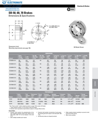 www.thomsonlinear.com 125
Clutches  Brakes
J: (4) Holes on
G: Bolt Circle
E
G
D
B2
ØA
B1
ØF
ØC
12 in MIN (300 mm)
#22 AWG Teflon
General Notes
•	 Customer shall maintain the perpendicularity of the
case assembly mounting surface with respect to the
shaft within .005 T.I.R. at the diameter of the bolt
circle.
•	 Other voltages available upon request.
•	 Customer shall maintain concentricity of case assem-
bly mounting pilot with respect to the shaft within .005
T.I.R.
•	 All SB series brakes are shipped burnished.
•	 Brake coupling armature assembly is secured to shaft
by (2) set screws and key.
•	 Metric bores available
SB Model Shown
SB-50, 60, 70 Brakes
Dimensions  Specifications
Dimensions (mm)
Mounting requirements see page 146.
Dimensions
Model*
Static
Torque
lb-in (Nm)
A: OD
in (mm)
B1: OAL
Short Hub
in (mm)
B2: OAL
Long Hub
in (mm)
C: Hub
ID Ø
in (mm)
D: Keyway
Height
in (mm)
E. Keyway
Width
in (mm)
F: Case
ID Ø
in (mm)
G: Mtg Hole
BC Ø
in (mm)
J: (4) Mtg
Holes
in (mm)
SB-50B24-E10X 350
(39.5)
5.00
(127.0)
1.90
(48.3)
NA .625
(15.9)
.709
(18.0)
.188
(4.8)
1.75
(44.5)
4.50
(114.3)
.226
(5.7)
SB-50B24-E12X 350
(39.5)
5.00
(127.0)
1.90
(48.3)
NA .750
(19.1)
.837
(21.3)
.188
(4.8)
1.75
(44.5)
4.50
(114.3)
.226
(5.7)
SB-50B24-E16X 350
(39.5)
5.00
(127.0)
1.90
(48.3)
NA 1.000
(25.4)
1.114
(28.3)
.250
(6.4)
1.75
(44.5)
4.50
(114.3)
.226
(5.7)
SB-60B24-E10X 600
(67.8)
6.431
(163.3)
2.364
(60.0)
NA 0.625
(15.9)
0.709
(18.0)
0.188
(4.8)
1.655
(42.0)
6.00
(152.4)
.226
(5.7)
SB-60B24-E12X 600
(67.8)
6.431
(163.3)
2.364
(60.0)
NA 0.750
(19.1)
0.837
(21.3)
0.188
(4.8)
1.655
(42.0)
6.00
(152.4)
.226
(5.7)
SB-60B24-E16X 600
(67.8)
6.431
(163.3)
2.364
(60.0)
NA 1.000
(25.4)
1.114
(28.3)
0.188
(4.8)
1.655
(42.0)
6.00
(152.4)
.226
(5.7)
SB-70B24-E16X 1200
(135.6)
7.25
(184.2)
2.77
(70.4)
NA 1.000
(25.4)
1.114
(28.3)
.250
(6.4)
3.35
(85.1)
6.81
(173.0)
.281
(7.1)
SB-70B24-E24X 1200
(135.6)
7.25
(184.2)
2.77
(70.4)
NA 1.500
(38.1)
1.669
(42.4)
.375
(9.5)
3.35
(85.1)
6.81
(173.0)
.281
(7.1)
SB-70B24-E32X 1200
(135.6)
7.25
(184.2)
2.77
(70.4)
NA 2.000
(50.8)
2.223
(56.5)
.500
(12.7)
3.35
(85.1)
6.81
(173.0)
.281
(7.1)
PERFORMANCE
Model
Static
Torque
lb-in (Nm)
Coil
Voltage
VDC
Resistance
Ohms
nom.
Power
Watts
max
Armature
Engagement
msec
Armature
Disengagement
msec
Armature
Inertia
lb-in-sec2
Rotor
Inertia
lb-in-sec2
Weight
lb (kg)
Energy
Dissipation
ft-lb/min
SB-50 350 (39.5) 24/90 19/291 32.0 160.0 110.0 NA 2.17 x 10-3 6.5 (3.0) 2650
SB-60 600 (67.8) 24/90 15/255 51.0/43.0 150.0 200.0 NA 3.08 x 10-3 14.5 (6.6)
SB-70 1200 (135.6) 24/90 12/180 53.0 140.0 250.0 NA 1.77 x 10-2 20.2 (9.2) 3900
*See “How to order” model numbering system on page 116 for power-off brakes.
X = Upon ordering, choose L or S for long or short hub length.
(-) denotes metric equivalents. Specifications subject to change without notice.
BRAKESFRICTION
ELECTROMATE
Toll Free Phone (877) SERVO98
Toll Free Fax (877) SERV099
www.electromate.com
sales@electromate.com
Sold  Serviced By:
 