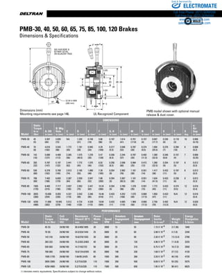 www.thomsonlinear.com130
22.84 in MIN
(580 mm)
30º
PMB-30, 40, 50, 60, 65, 75, 85, 100, 120 Brakes
Dimensions  Specifications
DIMENSIONS
Model
Static
Torque
lb-in
(Nm)
A: OD
in (mm)
B: Mtg
Hole
in (mm)
C
in (mm)
D
in (mm)
E
in (mm)
F
in (mm)
G, H
in (mm)
L
in (mm)
M
in (mm)
N
in (mm)
P
in (mm)
S
in (mm)
T
in (mm)
X
deg.
a:
Air
Gap
in (mm)
PMB-30 45
(5)
3.307
(84)
2.835
(72)
NA 1.220
(31)
0.748
(19)
3.86
(98)
0.197
(5)
1.614
(41)
0.701
(17.8)
0.157
(4)
0.697
(17.7)
0.236
(6)
0.118
(3)
10 0.006
(0.15)
PMB-40 70
(8)
4.016
(102)
3.543
(90)
1.772
(45)
1.181
(30)
0.945
(24)
4.29
(109)
0.217
(5.5)
2.048
(52)
0.787
(20)
0.374
(9.5)
1.004
(25.5)
0.276
(7)
0.394
(10)
8 0.008
(0.2)
PMB-50 142
(16)
5.000
(127)
4.409
(112)
2.205
(56)
1.575
(40.5)
1.378
(35)
5.47
(139)
0.256
(6.5)
2.244
(57)
0.787
(20)
0.492
(11.5)
1.280
(32.5)
0.346
(8.8)
0.157
(4)
7 0.008
(0.25)
PMB-60 283
(32)
5.787
(147)
5.197
(132)
2.441
(62)
1.772
(45)
1.575
(40)
6.02
(153)
0.256
(6.5)
2.598
(66)
0.984
(25)
0.472
(12)
1.280
(32.5)
0.354
(9)
0.197
(5)
8 0.012
(0.3)
PMB-65 530
(60)
6.378
(162)
5.709
(145)
2.913
(74)
2.165
(55)
1.890
(48)
7.28
(185)
0.354
(9)
2.992
(76)
1.181
(30)
0.551
(14)
1.417
(36)
0.433
(11)
0.197
(5)
8 0.012
(0.3)
PMB-75 708
(80)
7.402
(188)
6.693
(170)
3.307
(84)
2.559
(65)
2.047
(52)
7.88
(200)
0.354
(9)
3.367
(85.5)
1.181
(30)
0.551
(14)
1.634
(41.5)
0.433
(11)
0.236
(6)
8 0.012
(0.3)
PMB-85 1505
(170)
8.465
(215)
7.717
(196)
3.937
(100)
2.953
(75)
2.441
(62)
10.24
(260)
0.354
(9)
3.780
(96)
1.378
(35)
0.591
(15)
1.772
(45)
0.433
(11)
0.374
(9.5)
12 0.016
(0.4)
PMB-100 2655
(300)
10.000
(254)
9.055
(230)
4.331
(110)
3.543
(90)
3.346
(85)
16.46
(418)
0.433
(11)
4.252
(108)
1.575
(40)
0.689
(17.5)
1.850
(47)
0.433
(11)
N/A 12 0.016
(0.4)
PMB-120 4250
(480)
11.890
(302)
10.945
(278)
5.512
(140)
4.724
(120)
4.528
(115)
19.84
(504)
0.433
(11)
4.685
(119)
1.969
(50)
0.689
(17.5)
2.756
(70)
0.492
(12.5)
N/A 12 0.020
(0.5)
PERFORMANCE
Model
Static
Torque
lb-in (Nm)
Coil
Voltage
VDC
Resistance
Ohms@ 20°C
nom.
Power
Watts
max
Speed
RPM
Armature
Engagement
msec
Armature
Disengagement
msec
Rotor
Inertia
lb-in-sec2
Weight
lb (kg)
Energy
Dissipation
ft-lb/min
PMB-30 45 (5) 24/90/190 30.4/405/1805 20 3000 15 55 1.15 X 10-4 3 (1.36) 1840
PMB-40 70 (8) 24/90/190 24.5/324/1444 25 3000 20 60 3.98 X 10-4 4 (1.8) 2240
PMB-50 142 (16) 24/90/190 19.8/270/1203 30 3000 20 90 2.30 X 10-3 7.5 (3.4) 2790
PMB-60 283 (32) 24/90/190 15.2/202.3/903 40 3000 20 120 4.96 X 10-3 11 (4.8) 3225
PMB-65 530 (60) 24/90/190 14.7/162/722 50 3000 20 210 6.75 X 10-3 16 (7.3) 3550
PMB-75 708 (80) 24/90/190 10.6/124.6/555 65 3000 190 230 1.68 X 10-2 27 (12) 4120
PMB-85 1505 (170) 24/90/190 7.84/95.3/425 85 1500 300 260 3.28 X 10-2 40 (18) 4720
PMB-100 2655 (300) 24/90/190 5.2/73.6/328 110 1500 350 550 6.69 X 10-2 55 (25) 5575
PMB-120 4250 (480) 24/90/190 5.2/73.6/328 110 1500 500 650 1.95 X 10-1 90 (41) 6625
(-) denotes metric equivalents. Specifications subject to change without notice.
PMB model shown with optional manual
release  dust cover.
Dimensions (mm)
Mounting requirements see page 146. UL Recognized Component
ELECTROMATE
Toll Free Phone (877) SERVO98
Toll Free Fax (877) SERV099
www.electromate.com
sales@electromate.com
Sold  Serviced By:
 