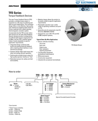 www.thomsonlinear.com134
The new Torque Feedback Device (TFD)
provides a variable torque output, in
proportion to a DC input, for steering and
other by-wire applications. This innovative
design offers a cost effective, high quality
user interface by applying state-of-the-art
friction materials and a patent pending
electromagnetic actuation system.
Incorporated into the TFD are two redun-
dant sensors for fail-safe shaft feedback.
Several standard product configurations
are offered with torques ranging from 2.5
to 20Nm, and the TFD's modular design
makes it easily adaptable to specific
application requirements.
•	 Integrated design combines both
tactile and position/velocity feedback
with a steering wheel interface in one
mechanical package.
•	 Compact design offers high torque den-
sities and energy efficient operation.
•	 Continuously variable torque output for
high quality operator interface or feel.
•	 Redundant sensors for safety and field
serviceability.
How to order
*Case diameter
** Rated Torque availability
2.5 (Nm) - TFD30 only
5.0 (Nm) - TFD30  TFD40
9.0 (Nm) - TFD40 only
12.0 (Nm) - TFD40 only
•	 Modular design allows the product to
be easily scaled to specific application
requirements.
•	 Repeatable operation over a wide
range of operating conditions and prod-
uct life.
•	 Assembly and all components meet EU
Directive 2002/95/EC (RoHS)
•	 Designed for use in EN 1175 and IEC
61508 compliant systems.
Typical Steer-By-Wire Applications
•	 Electric vehicles including:
	   Lift trucks
	   Golf carts
	   Pallet trucks
	   Floor sweepers
	   Cleaning equipment
•	 Turf  garden equipment
	 (professional lawnmowers)
•	 Military/aerospace
•	 Construction equipment
•	 Industrial  recreational marine/boats
TFD Series
Torque Feedback Devices
TFD Model Shown
Series
	 TFD	 =	 Torque 		
			 Feedback 		
			 Device
Rated Torque**
025	 =	 2.5 (Nm)
050	 =	 5.0 (Nm)
090	 =	 9.0 (Nm)
120	 =	 12.0 (Nm)
Coil Voltage
12	 =	 12VDC
24	 =	 24VDC
36	 =	 36VDC
48	 =	 48VDC
Optical EncoderCustom Encoder
TFD - 30 - 025 - 12 - 01 - 001
3.25 (83)
4.20 (106.7)
Custom Mechanical
001	 =	 Standard
XXX	 = Custom
ELECTROMATE
Toll Free Phone (877) SERVO98
Toll Free Fax (877) SERV099
www.electromate.com
sales@electromate.com
Sold  Serviced By:
 