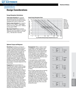 www.thomsonlinear.com 145
ENGINEERING
GUIDELINES
Clutches  Brakes
Total energy dissipation (Ec), typically
expressed in units of ft-lb, is defined as
the sum of kinetic (Ek) and slip (Es) energy
dissipated each clutch or brake cycle.
Kinetic energy dissipation (Ek) is equal to
4.6 x 10-4
x I x w2
, where I = total system
inertia in lb-in-sec2
units, and w = differen-
tial slip speed in RPM.
Slip energy dissipation (Es) is equal to
43.6 x 10-4
x w x D x ts, where D = load drag
reflected to the clutch shaft in lb-in units,
and ts = total slip time in seconds.
Energy Dissipation Calculations
Burnishing: Burnishing is a process of
running-in the mating friction surfaces of
a clutch or brake to ensure the highest
possible output torque. By forcing the unit
to slip rotationally when energized, the
mating frictional surfaces establish an
optimal wear pattern within a relatively
short time. This can be accomplished at
the factory or during the initial stages of
installed application. However, whenever
possible it is more desirable to perform the
burnishing process at the actual installa-
tion to insure a consistent alignment of the
friction faces.
Engagement: Coil overexcitation is a
technique which makes a clutch or brake
engage faster and have greatly improved
starting and stopping accuracy. It is
accomplished by applying over-voltage to
the clutch or brake coil to reduce current
build-up time, thereby reducing the mag-
netizing time. However, this overexcitation
does not increase the torque of the unit.
It simply reduces the start/stop times and
friction face wear normally associated
with slippage that can occur during a
slower engagement time. In many applica-
tions, the reduction in start-time can be
reduced significantly when using an over-
excitation circuit. However, adequate coil
suppression must be employed to prevent
damage to the system. Please contact the
factory for more detailed information.
Disengagement: When a clutch or brake
is disengaged, a reverse voltage is gen-
erated in the coil. This voltage can be
extremely high and could cause potential
damage to the unit and the switch in the
circuit. Therefore, an arc suppression
circuit should be used to protect the coil
and switch. When properly applied, such a
circuit will not adversely affect the clutch
or brake engagement time.
In most applications, a simple resistor
connected in parallel with the clutch or
brake coil is sufficient (Fig. I). The resistor
should be rated at six times the coil resis-
tance and approximately 25% of the coil
wattage. To eliminate any added current
draw, a diode may be added to the circuit
as shown
(Fig. II). If faster release times are desired,
a zener diode with two times the coil
voltage should be incorporated into the
circuit (Fig. III). However, the fastest dis-
engagement time is achieved with the use
of an MOV (metal oxide varistor) (Fig. IV).
Conversely, if slower disengagement times
are required, the use of a diode connected
in parallel with the coil (Fig. V), or simply
switching the A/C side of the circuit, will
achieve this result.
Optimum Torque and Response
Brake Energy Dissipation Chart
N(Frequencyofengagement),cpm
0.2
0.3
0.7
1
2
3
5
7
10
0.1
Eb (Allowable Braking Energy Dissipation/Cycle, lb-ft)
10 20 100 200 1000 3000 40000
Series-15
Series-17
Series-19
Series-26
Series-30
Series-40
Series-50
Series-70
0.5
Use to
evaluate
size of a
power-off
brake after
determining
the energy
dissipation.
Clutch
or
Brake
Coil
Clutch
or
Brake
Coil
Clutch
or
Brake
Coil
Clutch
or
Brake
Coil
Clutch
or
Brake
Coil
Vin
Diode
MOV
Diode
Zener
Diode
Resistor
Resistor
Fig I
Vin
Fig II
Vin
Fig III
Vin
Fig IV
Vin
Fig V
Design Considerations
FRICTION
ELECTROMATE
Toll Free Phone (877) SERVO98
Toll Free Fax (877) SERV099
www.electromate.com
sales@electromate.com
Sold  Serviced By:
 