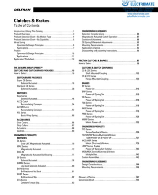 Introduction / Using This Catalog . . . . . . . . . . . . . . . . . . . . . . . . . . . . . . . . . 1
Product Overview . . . . . . . . . . . . . . . . . . . . . . . . . . . . . . . . . . . . . . . . . . . . . . . 3
Product Selection Chart—By Motion Type . . . . . . . . . . . . . . . . . . . . . . . . 4
Product Selection Chart—By Capability . . . . . . . . . . . . . . . . . . . . . . . . . . . 5
Wrap Spring
	 Operation & Design Principles  . . . . . . . . . . . . . . . . . . . . . . . . . . . . . . . . 6
	 Applications . . . . . . . . . . . . . . . . . . . . . . . . . . . . . . . . . . . . . . . . . . . . . . . . . 7
Friction
	 Operation & Design Principles  . . . . . . . . . . . . . . . . . . . . . . . . . . . . . . . 10
	 Applications . . . . . . . . . . . . . . . . . . . . . . . . . . . . . . . . . . . . . . . . . . . . . . . . 11
Application Worksheet . . . . . . . . . . . . . . . . . . . . . . . . . . . . . . . . . . . . . . . . . . 14
THE GENUINE WRAP SPRING™
CLUTCHES AND CLUTCH/BRAKE PACKAGES . . . . . . . . . . . . . . . . . . . . 15
How to Select . . . . . . . . . . . . . . . . . . . . . . . . . . . . . . . . . . . . . . . . . . . . . . . . . . 16
	 CLUTCH/BRAKE PACKAGES
	 Super CB Series
		 Solenoid Actuated . . . . . . . . . . . . . . . . . . . . . . . . . . . . . . . . . . . . . . 18
	 Standard CB Series
		 Solenoid Actuated . . . . . . . . . . . . . . . . . . . . . . . . . . . . . . . . . . . . . . 30
	 CLUTCHES
	 SAC Series
		 Solenoid Actuated . . . . . . . . . . . . . . . . . . . . . . . . . . . . . . . . . . . . . . 46
	 ACCE Clutch
		 Accumulating Conveyor . . . . . . . . . . . . . . . . . . . . . . . . . . . . . . . . . 54
	 ACCM Clutch
		 Accumulating Conveyor . . . . . . . . . . . . . . . . . . . . . . . . . . . . . . . . . 57
	 PSI Series
		 Basic Wrap Spring . . . . . . . . . . . . . . . . . . . . . . . . . . . . . . . . . . . . . . 60
	 ACCESSORIES
	 Dust Covers . . . . . . . . . . . . . . . . . . . . . . . . . . . . . . . . . . . . . . . . . . . . . . . . 66
	 Stop Collars . . . . . . . . . . . . . . . . . . . . . . . . . . . . . . . . . . . . . . . . . . . . . . . . . 67
	 Actuators . . . . . . . . . . . . . . . . . . . . . . . . . . . . . . . . . . . . . . . . . . . . . . . . . . . 68
	 Controls . . . . . . . . . . . . . . . . . . . . . . . . . . . . . . . . . . . . . . . . . . . . . . . . . . . . 69
ENGINEERED PRODUCTS
	 CLUTCHES
	 DL Series
		 Dura-LIFE Magnetically Actuated . . . . . . . . . . . . . . . . . . . . . . . . 70
	 MAC Series
		 Magnetically Actuated . . . . . . . . . . . . . . . . . . . . . . . . . . . . . . . . . . 73
	 BBC-29
		 Magnetically Actuated Ball Bearing . . . . . . . . . . . . . . . . . . . . . . 77
	 SP Series
		 Solenoid Actuated . . . . . . . . . . . . . . . . . . . . . . . . . . . . . . . . . . . . . . 78
	 BIMAC Series
		 Low Cost Solenoid Actuated . . . . . . . . . . . . . . . . . . . . . . . . . . . . . 80
	 BDNB Series
		 Bi-Directional No Back . . . . . . . . . . . . . . . . . . . . . . . . . . . . . . . . . . 81
	 BDSC Series
		 Bi-Directional Slip . . . . . . . . . . . . . . . . . . . . . . . . . . . . . . . . . . . . . . . 82
	 CTS Series
		 Constant Torque Slip . . . . . . . . . . . . . . . . . . . . . . . . . . . . . . . . . . . . 83
	
	 ENGINEERING GUIDELINES
	 Selection Considerations . . . . . . . . . . . . . . . . . . . . . . . . . . . . . . . . . . . . 84
	 Magnetically Actuated Clutch Operation . . . . . . . . . . . . . . . . . . . . . . 87
	 Questions & Answers . . . . . . . . . . . . . . . . . . . . . . . . . . . . . . . . . . . . . . . 88
	 CB Spring Differential Adjustments . . . . . . . . . . . . . . . . . . . . . . . . . . . 90
	 Mounting Requirements . . . . . . . . . . . . . . . . . . . . . . . . . . . . . . . . . . . . . 91
	 Application Analysis . . . . . . . . . . . . . . . . . . . . . . . . . . . . . . . . . . . . . . . . . 93
	 Disassembly and Assembly Instructions . . . . . . . . . . . . . . . . . . . . . . 95
FRICTION CLUTCHES & BRAKES . . . . . . . . . . . . . . . . . . . . . . . . . . . . . . . . 97
How to Select . . . . . . . . . . . . . . . . . . . . . . . . . . . . . . . . . . . . . . . . . . . . . . . . . . 98
	 CLUTCHES & CLUTCH COUPLINGS
	 CS & CSC Series
		 Shaft Mounted/Coupling . . . . . . . . . . . . . . . . . . . . . . . . . . . . . . . . 100
	 CF & CFC Series
		 Flange Mounted/Coupling . . . . . . . . . . . . . . . . . . . . . . . . . . . . . . 100
	 BRAKES
	 BF Series
		 Power-on . . . . . . . . . . . . . . . . . . . . . . . . . . . . . . . . . . . . . . . . . . . . . 110
	 BRP Series
		 Power-off Spring Set . . . . . . . . . . . . . . . . . . . . . . . . . . . . . . . . . . . 116
	 SB Series
		 Power-off Spring Set . . . . . . . . . . . . . . . . . . . . . . . . . . . . . . . . . . . 116
	 FSB Series
		 Power-off Spring Set . . . . . . . . . . . . . . . . . . . . . . . . . . . . . . . . . . . 116
	 AKB Series
		 Power-off Spring Set . . . . . . . . . . . . . . . . . . . . . . . . . . . . . . . . . . . 116
	 PMB Series
		 Power-off Spring Set . . . . . . . . . . . . . . . . . . . . . . . . . . . . . . . . . . . 129
	 MBRP Series
		 Metric Power-off  . . . . . . . . . . . . . . . . . . . . . . . . . . . . . . . . . . . . . . 132
	 ENGINEERED PRODUCTS
	 TFD Series
		 Torque Feedback Device . . . . . . . . . . . . . . . . . . . . . . . . . . . . . . . 134
	 TC/TCR/TCP Series Clutches & Brakes
		 Tooth Power-on & Power-off  . . . . . . . . . . . . . . . . . . . . . . . . . . 137
	 MCS/MBF Series
		 Metric Clutches & Brakes . . . . . . . . . . . . . . . . . . . . . . . . . . . . . . 139
	 LBRP Series Brakes
		 Power-off Spring Set (Safety) . . . . . . . . . . . . . . . . . . . . . . . . . . . 143
	 MDB/MDC Series Clutches & Brakes
		 Multiple Disc . . . . . . . . . . . . . . . . . . . . . . . . . . . . . . . . . . . . . . . . . . 143
	 Custom Assemblies . . . . . . . . . . . . . . . . . . . . . . . . . . . . . . . . . . . . . . . . 143
	 ENGINEERING GUIDELINES
	 Design Considerations . . . . . . . . . . . . . . . . . . . . . . . . . . . . . . . . . . . . . . 144
	 Mounting Requirements . . . . . . . . . . . . . . . . . . . . . . . . . . . . . . . . . . . . 146
	
Glossary of Terms . . . . . . . . . . . . . . . . . . . . . . . . . . . . . . . . . . . . . . . . . . . . . 147
Conversion Chart . . . . . . . . . . . . . . . . . . . . . . . . . . . . . . . . . . . . . . . . . . . . . . 149
Clutches & Brakes
Table of Contents
ELECTROMATE
Toll Free Phone (877) SERVO98
Toll Free Fax (877) SERV099
www.electromate.com
sales@electromate.com
Sold & Serviced By:
 