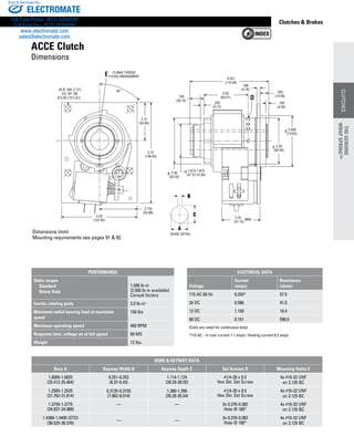 www.thomsonlinear.com 55
CLUTCHES
Clutches  Brakes
+
2.125
(53.98)
+
+
+
4.25
(107.95)
2.12
(53.85)
.75 MAX THREAD
(19.05) ENGAGEMENT
4X Ø .284 (7.21)
EQ. SP. ON
Ø 5.00 (127) B.C.
E
45°
.188
(4.78)
4.531
(115.09)
2.25
(57.15)
MAX
2.50
(63.50)
2.50
(63.50)
.793
(20.14)
2.938
(74.63)
2.52
(64.01)
.225
(5.72)
5.75
(146.05)
.194
(4.93)
.535
(13.59)
1.873-1.875
(47.57-47.63)
D
Ø
Ø
Ø
Ø
Dimensions (mm)
Mounting requirements see pages 91  92.
ACCE Clutch
Dimensions
ELECTRICAL DATA
Voltage
Current
(amps)
Resistance
(ohms)
115 AC 60 Hz 0.334* 57.5
24 DC 0.586 41.0
12 DC 1.150 10.4
90 DC 0.151 598.0
(Coils are rated for continuous duty)
*115 AC - In rush current 1.1 amps / Holding current 0.2 amps
Bore  Keyway Data
Bore A Keyway Width B Keyway Depth C Set Screws D Mounting Holes E
1.0005-1.0025
(25.412-25.464)
0.251-0.253
(6.37-6.43)
1.114-1.124
(28.29-28.55)
#1/4-20 x 0.5
Hex Skt. Set Screw
4x #10-32 UNF
on 2.125 BC
1.2505-1.2525
(31.762-31.814)
0.3135-0.3155
(7.962-8.014)
1.389-1.399
(35.28-35.54)
#1/4-20 x 0.5
Hex Skt. Set Screw
4x #10-32 UNF
on 2.125 BC
1.3755-1.3775
(34.937-34.989)
— — 2x 0.376-0.382
Hole @ 180°
4x #10-32 UNF
on 2.125 BC
1.4380-1.4400 (STD)
(36.525-36.576)
— —
2x 0.376-0.382
Hole @ 180°
4x #10-32 UNF
on 2.125 BC
PERFORMANCE
Static torque
	 Standard
	 Heavy Duty
1,500 lb-in
(2,500 lb-in available)
Consult factory
Inertia, rotating parts 2.0 lb-in2
Maximum radial bearing load at maximum
speed
150 lbs
Maximum operating speed 400 RPM
Response time, voltage on at full speed 60 MS
Weight 12 lbs. THEGENUINE
WRAPSPRING™
CLUTCHES
THEGENUINE
WRAPSPRING™
ELECTROMATE
Toll Free Phone (877) SERVO98
Toll Free Fax (877) SERV099
www.electromate.com
sales@electromate.com
Sold  Serviced By:
 