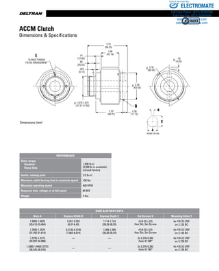 www.thomsonlinear.com58
.225
(5.72)
1.873-1.875
(47.57-47.63)
.75 MAX THREAD
(19.05) ENGAGEMENT
2.52
(64.01)
4.38
(11.13)
D
2.50
(63.50)
3.16
(80.26)
.19
(4.83)
4x
3.75
(95.25)
1.66
(42.16)
.51
(12.95)
.80
(20.32)
E
Ø
Ø
Ø
Dimensions (mm)
ACCM Clutch
Dimensions  Specifications
Bore  Keyway Data
Bore A Keyway Width B Keyway Depth C Set Screws D Mounting Holes E
1.0005-1.0025
(25.412-25.464)
0.251-0.253
(6.37-6.43)
1.114-1.124
(28.29-28.55)
#1/4-20 x 0.5
Hex Skt. Set Screw
4x #10-32 UNF
on 2.125 BC
1.2505-1.2525
(31.762-31.814)
0.3135-0.3155
(7.962-8.014)
1.389-1.399
(35.28-35.54)
#1/4-20 x 0.5
Hex Skt. Set Screw
4x #10-32 UNF
on 2.125 BC
1.3755-1.3775
(34.937-34.989)
— — 2x 0.376-0.382
Hole @ 180°
4x #10-32 UNF
on 2.125 BC
1.4380-1.4400 (STD)
(36.525-36.576)
— —
2x 0.376-0.382
Hole @ 180°
4x #10-32 UNF
on 2.125 BC
PERFORMANCE
Static torque
	 Standard
	 Heavy Duty
1,500 lb-in
(2,500 lb-in available)
Consult factory
Inertia, rotating parts 2.0 lb-in2
Maximum radial bearing load at maximum speed 150 lbs
Maximum operating speed 400 RPM
Response time, voltage on at full speed 60 MS
Weight 4 lbs.
ELECTROMATE
Toll Free Phone (877) SERVO98
Toll Free Fax (877) SERV099
www.electromate.com
sales@electromate.com
Sold  Serviced By:
 