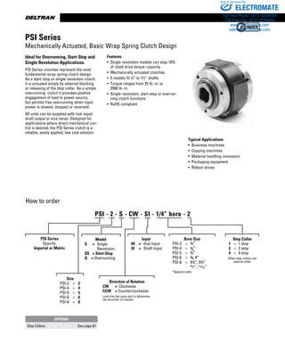 www.thomsonlinear.com60
Ideal for Overrunning, Start-Stop and
Single Revolution Applications.
PSI Series clutches represent the most
fundamental wrap spring clutch design.
As a start-stop or single revolution clutch,
it is actuated simply by external blocking
or releasing of the stop collar. As a simple
overrunning clutch it provides positive
engagement of load to power source,
but permits free overrunning when input
power is slowed, stopped or reversed.
All units can be supplied with hub input/
shaft output or vice versa. Designed for
applications where direct mechanical con-
trol is desired, the PSI Series clutch is a
reliable, ­easily applied, low cost ­solution.
Features
• Single revolution models can stop 10%
of rated drive torque capacity
•  Mechanically actuated clutches
•  5 models fit ¼” to 1½” shafts
• Torque ranges from 25 lb.-in. to
2500 lb.-in.
• Single revolution, start-stop or overrun-
ning clutch functions
• RoHS compliant
Typical Applications
•  Business machines
•  Copying machines
•  Material handling conveyors
•  Packaging equipment
•  Ribbon drives
How to order
PSI Series
Mechanically Actuated, Basic Wrap Spring Clutch Design
PSI Series
Specify:
Imperial or Metric
Size
PSI-2	 =	 2
PSI-4	 =	 4
PSI-5	 =	 5
PSI-6	 =	 6
PSI-8	 =	 8
Direction of Rotation
CW	 =	 Clockwise
CCW	 = Counterclockwise
Look into the input end to determine
the direction of rotation
Input
HI	 =	 Hub Input
SI	 =	 Shaft Input
Bore Size
	 PSI-2	 =	 ¼”
PSI-4	 =	 3/8”
PSI-5	 =	 ½”
PSI-6	 =	 ¾, 1”
PSI-8	 =	 1¼”, 1½”
	 	 	 *1”, *13/8”
	 *Special order
PSI - 2 - S - CW - SI - 1/4” bore - 2
Model
S	 =	 Single
			 Revolution
SS	 = Start-Stop
O	 = Overrunning
Stop Collar
	 1	 =	 1 stop
	 2	 =	 2 stop
	 4	 =	 4 stop
Other stop collars are
special order
OPTIONS
Stop Collars See page 67
ELECTROMATE
Toll Free Phone (877) SERVO98
Toll Free Fax (877) SERV099
www.electromate.com
sales@electromate.com
Sold  Serviced By:
 