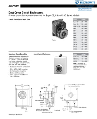 www.thomsonlinear.com66
Dimensions (Aluminum)
Plastic
Plastic Clutch CoverPlastic Cover
5.30
Nom.
.88
Nom.
7.18
Nom.
3.734
Nom.
.812
Nom.
3.00
Nom.
Hub/Shaft Shield
Hub Seal
Clutch
Cover
Egress for Coil Lead Wires
(Accepts 0.231-.394 Cable)
Cover/Cover Plate Seal
Cover Plate
Shaft
Seal
Removable, Recessed Screws Allow
Full Access to Clutch Unit
Cover Plate Plug*
2X 2.92
Nom.
Anti-Rotating Bushing*
0.40 Nom. Bore
2X 1.38
Nom.
Aluminum Clutch Cover Kits
The environmentally designed cast
aluminum enclosure will protect a
CB-6, Super CB-6 or SAC-6 clutch
from indoor and outdoor hazards
such as falling dirt, non-corrosive liq-
uids, dust, rain, sleet and snow.
• Sturdy cast aluminum construction
•  Offers NEMA 3  12 protection
•  Can be installed at any time
•  Quieter clutch operation
• USDA Approved Black Powder
Coat Paint Finish
BenefitsTypical Applications
Dust Cover Clutch Enclosures
Provide protection from contaminants for Super CB, CB and SAC Series Models
Model Part No.
Super CB-6 287-6-0007
Super CB-8 287-8-0003
Super CB-10 287-0-0002
CB-2 287-2-0007
CB-4 287-4-0002
CB-5 287-5-0007
CB-6 287-6-0007
CB-8 287-8-0003
CB-10 287-0-0002
SAC-2 287-2-0007
SAC-4 287-4-0002
SAC-5 287-5-0007
SAC-6 287-6-0007
Model Part No.
Super CB-6 101-6-0096
CB-6 (Std.) 101-6-0095
SAC-6 101-6-0095
Note: A kit contains all
components and hardware
necessary to enclose a
Super CB-6, CB-6 and
SAC-6 clutch.
ELECTROMATE
Toll Free Phone (877) SERVO98
Toll Free Fax (877) SERV099
www.electromate.com
sales@electromate.com
Sold  Serviced By:
 