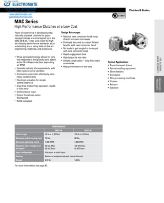 www.thomsonlinear.com 73
Clutches  Brakes
Years of experience in developing mag-
netically ­actuated clutches for paper
transport drives are all wrapped up in the
MAC 30  45. These units meet the high-
est industry performance standards at an
outstanding price, using state-of-the-art
engineering, materials, and processes.
• Wrap spring technology allows for very
fast response to bring loads up to speed
within 50 milliseconds (less depending
on RPM)
• Exceeds industry life requirements with
little cycle-to-cycle variation
• Enclosed construction effectively elimi-
nates contaminants
• Electrical actuation for simple
control interface
• Drag free, friction free operation results
in less wear
• Unidirectional input
• Output freewheels when
disengaged
• RoHS compliant
Design Advantages
• Optional new connector head plugs
directly into wire harnesses
• Eliminate the need to custom fit lead
lengths with new connector head
• No leads to get tangled or damaged
with new connector head
• Rapid engagement time
• High torque to size ratio
• Simple construction – only three main
assemblies
• High performance at low cost
Typical Applications
•  Paper transport drives
•  Forms handling equipment
•  Sheet feeders
•  Conveyors
•  Film processing machines
•  Copiers
•  Printers
•  Collators
For more information see page 87.
MAC Series
High Performance Clutches at a Low Cost
PERFORMANCE
MAC-30 MAC-45
Static torque 25 lb-in (2.83 Nm) 150 lb-in (16 Nm)
Maximum radial bearing load 15 lbs. 30 lbs.
Maximum operating speed 1,200 RPM 1,000 RPM
Response time, voltage on at
full speed
50 MS Max.
20 MS Nom.
150 MS Max.
40 MS Nom.
Input configuration Hub input or shaft input
Bearing Reinforced polyetherimide with internal lubricant
Weight 0.22 lb. 1.00 lb
ENGINEERED
PRODUCTS
THEGENUINE
WRAPSPRING™
ENGINEERED
PRODUCTS
THEGENUINE
WRAPSPRING™
ELECTROMATE
Toll Free Phone (877) SERVO98
Toll Free Fax (877) SERV099
www.electromate.com
sales@electromate.com
Sold  Serviced By:
 