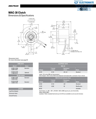 www.thomsonlinear.com74
12 in MIN (300 mm)
#24 AWG UL1213 Teflon 7x32
Dimensions (mm)
For more information see page 87.
MAC-30 Clutch
Dimensions  Specifications
OPTIONS
Lug Drive Adapter
Connector Head
Consult Factory
ELECTRICAL DATA
MAC-30
Voltage
Current
(amps)
Resistance
(ohms) Status
24 DC 0.110 227 ±21 Standard
Leads: 12.0 inches (300 mm) long standard
Ends stripped: .19/.31 inches (4.9/7.8 mm) (Optional: terminated with a connector of your choice)
MAC-30 with Connector Head
Voltage
Current
(amps)
Resistance
(ohms) Status
24 DC 0.110 227 Standard
12 DC 0.243 49 Modification
90 DC Available
Termination: 2 x .023 - .027 x .24 (0.58 - 0.69 x (6.09) square pin, pre-tinned alloy
(Molex #08-52-0601)
Leadsets: Teflon insulated lead wires per UL1213 are available to suit any wire harness
Bore Data
Bore B Status
0.2505-0.2530
(6.362-6.427)
Standard
0.3130-0.3155
(7.950-8.014)
Optional
Metric Bores
0.2366-0.2394
(6.009-6.081)
Standard
0.3153-0.3190
(8.008-8.103)
Standard
ELECTROMATE
Toll Free Phone (877) SERVO98
Toll Free Fax (877) SERV099
www.electromate.com
sales@electromate.com
Sold  Serviced By:
 