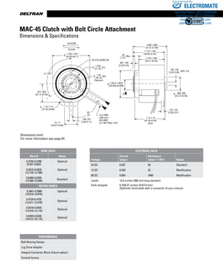 www.thomsonlinear.com76
Dimensions (mm)
For more information see page 87.
MAC-45 Clutch with Bolt Circle Attachment
Dimensions  Specifications
PERFORMANCE
Ball Bearing Design
Lug Drive Adapter
Integral Connector Block (future option)
Consult factory
ELECTRICAL DATA
Voltage
Current
(amps)
Resistance
(ohms +/-10%) Status
24 DC 0.257 93 Standard
12 DC 0.526 23 Modification
90 DC 0.054 1680 Modification
Leads:
Ends stripped:
12.0 inches (300 mm) long standard
0.19/0.31 inches (4.9/7.8 mm)
(Optional: terminated with a connector of your choice)
Bore Data
Bore B Status
0.3755-0.3780
(9.537-9.602)
Optional
0.5010-0.5035
(12.725-12.789)
Optional
0.6260-0.6295
(15.900-15.990)
Standard
Metric Bores
0.3941-0.3968
(10.010-10.079)
Optional
0.4729-0.4755
(12.011-12.078)
Optional
0.5516-0.5555
(14.010-14.110)
Optional
0.6304-0.6346
(16.012-16.119)
Optional
ELECTROMATE
Toll Free Phone (877) SERVO98
Toll Free Fax (877) SERV099
www.electromate.com
sales@electromate.com
Sold  Serviced By:
 