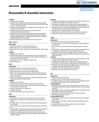 www.thomsonlinear.com96
Assembly
1.	 Replace parts as needed.
2.	 Install the collar assembly over the output shaft and spring assembly.
(Pull the brake spring through the collar with needle-nosed pliers, taking
care not to distort the spring.)
3.	 Install the output shaft and collar assembly on the mounting plate – turn
in direction of rotation only.
4.	 Install the retaining ring on the mounting plate end with its
smooth surface facing the brake hub.
5.	 Install the input hub and reset spring differential as needed (CB-10).
Install the input hub with thrust washer flange oriented correctly and
reset the spring differential as needed (Super CB-10). (See “CB Spring
Differential Adjustments”on page 90.)
6.	 Install the retaining ring with smooth surface facing the hub.
SAC-2, -4 and -5
Disassembly
1.	Remove the retaining ring from the input hub end.
2.	 Remove input hub – turn in direction of rotation only.
3.	 Remove the stop collar by extracting the collar toward the clutch spring
end.
Assembly
1.	 Replace parts as needed.
2.	 Install the stop collar over the output shaft and spring assembly. (Pull
the clutch spring tang through the collar with needle-nosed pliers, tak-
ing care not to distort the spring.)
3.	 Install input hub – turn in direction of rotation only.
4.	 Install retaining ring.
SAC-6
Disassembly
1.	 Remove the retaining ring from the input hub end.
2.	 Remove input hub – turn in direction of rotation only.
3.	 Remove the retaining ring from the mounting plate end.
4.	Remove the output shaft and stop collar assembly from the mounting
plate – turn in the direction of rotation only. Do not remove plate hub
from mounting plate.
5.	 Remove the control stop from the output shaft by extracting the collar
towards plate side of the output shaft.
Assembly
1.	 Replace parts as needed.
2.	 Install the stop collar over the output shaft and spring assembly.
3.	 Install the output shaft and stop collar assembly on the mounting plate –
turn in direction of rotation only.
4.	 Install the retaining ring to output shaft.
5.	 Install the input hub.
6.	 Install the retaining ring on the shaft input end.
ACCE
Disassembly
1.	 Remove spiral ring and thrust washer from both ends of the shaft.
2.	Rotate clutch and remove it from the plate. Remove the large thrust
washer.
3.	 For shaft input units, remove the shaft assembly by rotating opposite to
drive direction.
4.	 For hub input units, remove the hub by rotating opposite to drive direc-
tion.
5.	 For Model SS, remove the stop collar and spring by rotating opposite to
drive direction and pulling the drive spring off the output hub.
6.	 For Model S, pull the stop collar axially to release it from the spring.
Rotate the spring opposite to drive direction until the down tang can be
pried from its hole.
Assembly
1.	 For Model S, assemble spring to output hub by rotating opposite to drive
direction until the down tang is seated in the hole.
2.	 For Model SS, assemble spring to output hub by rotating opposite to
drive direction until the spring is seated against the large retaining ring.
3.	 Assemble stop collar over spring by deflecting the input tang with long-
nose pliers (reach through the collar with the pliers).
4.	 Assemble input by rotating opposite to drive direction.
5.	 Install large thrust washer and slide clutch assembly onto the plate.
6.	 Install thrust washers and spiral rings on both ends of the shaft.
ACCM
Disassembly
1.	 Remove spiral ring and thrust washer from the shaft.
2.	For shaft input units, remove the shaft assembly by rotating opposite to
drive direction.
3.	 For hub input units, remove the hub by rotating opposite to drive direc-
tion.
4.	 For Model SS, remove the stop collar and spring by rotating opposite to
drive direction and pulling the drive spring off the output hub.
5.	 For Model S, pull the stop collar axially to release it from the spring.
Rotate the spring opposite to drive direction until the down tang can be
pried from its hole.
Assembly
1.	 For Model S, assemble spring to output hub by rotating opposite to drive
direction until the down tang is seated in the hole.
2.	 For Model SS, assemble spring to output hub by rotating opposite to
drive direction until the spring is seated against the large retaining ring.
3.	Assemble stop collar over spring by deflecting the input tang with long-
nose pliers (reach through the collar with the pliers).
4.	 Assemble input by rotating opposite to drive direction.
5.	 Install thrust washer and spiral ring on the shaft.
PSI
Disassembly
1.	 Remove retaining ring from shaft.
2.	 Remove hub end by rotating opposite to drive direction.
3.	 For Model S, remove stop collar and spring by rotating opposite to drive
direction and pulling to remove output tang from hub.
Assembly Model S
1.	 Assemble spring to output hub by rotat­ing opposite to direction of rota­
tion. Output tang must be inserted com­pletely into hole in hub during this
assembly.
2.	Assemble stop collar over spring by de­flecting input tang with long-nose
pliers. (Reach through collar with pliers.)
3.	 Assemble input hub by rotating opposite to direction of rotation.
4.	 Assemble retaining ring to shaft.
Assembly Model O  SS
1.	 Assemble spring and stop collar (or sleeve) with control tang located in
slot in collar.
2.	 Assemble spring and collar to output hub by rotating opposite to direc-
tion of rotation.
3.	Assemble input hub by rotating opposite to direction of rotation.
4.	 Assemble retaining ring to shaft.
Disassembly  Assembly Instructions
ELECTROMATE
Toll Free Phone (877) SERVO98
Toll Free Fax (877) SERV099
www.electromate.com
sales@electromate.com
Sold  Serviced By:
 