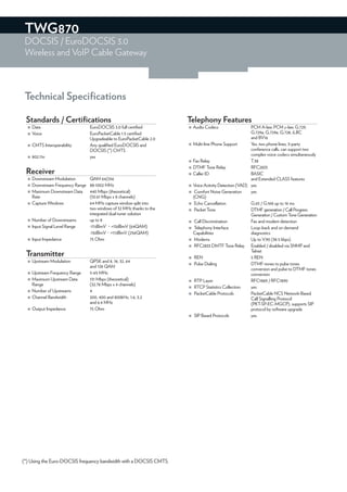 TWG870
 DOCSIS / EuroDOCSIS 3.0
 Wireless and VoIP Cable Gateway



 Technical Speciﬁcations

 Standards / Certiﬁcations                                           Telephony Features
   Data                       EuroDOCSIS 3.0 full certiﬁed           Audio Codecs                   PCM A-law, PCM µ-law, G.729,
   Voice                      EuroPacketCable 1.5 certiﬁed                                           G.729a, G.729e, G.728, iLBC
                               Upgradeable to EuroPacketCable 2.0                                     and BV16
   CMTS Interoperability      Any qualiﬁed EuroDOCSIS and            Multi-line Phone Support       Yes, two phone lines, 3-party
                               DOCSIS (*) CMTS                                                        conference calls, can support two
   802.11n                    yes                                                                    complex voice codecs simultaneously
                                                                      Fax Relay                      T.38
                                                                      DTMF Tone Relay                RFC2833
 Receiver                                                             Caller ID                      BASIC
   Downstream Modulation      QAM 64/256                                                             and Extended CLASS features
   Downstream Frequency Range 88-1002 MHz                            Voice Activity Detection (VAD) yes
   Maximum Downstream Data    440 Mbps (theoretical)                 Comfort Noise Generation       yes
    Rate                       (55.61 Mbps x 8 channels)               (CNG)
   Capture Windows            64 MHz capture window split into       Echo Cancellation              G.65 / G.168 up to 16 ms
                               two windows of 32 MHz thanks to the    Packet Tone                    DTMF generation / Call Progress
                               integrated dual tuner solution                                         Generation / Custom Tone Generation
   Number of Downstreams      up to 8                                Call Discrimination            Fax and modem detection
   Input Signal Level Range   -17dBmV ~ +13dBmV (64QAM)              Telephony Interface            Loop-back and on demand
                               -13dBmV ~ +17dBmV (256QAM)              Capabilities                   diagnostics
   Input Impedance            75 Ohm                                 Modems                         Up to V.90 (38.5 kbps)
                                                                      RFC2833 DMTF Tone Relay        Enabled / disabled via SNMP and
                                                                                                      Telnet
 Transmitter                                                          REN                            5 REN
   Upstream Modulation        QPSK and 8, 16, 32, 64
                                                                      Pulse Dialing                  DTMF-tones to pulse tones
                               and 128 QAM
                                                                                                      conversion and pulse to DTMF tones
   Upstream Frequency Range   5-65 MHz                                                               conversion
   Maximum Upstream Data      131 Mbps (theoretical)                 RTP Layer                      RFC1889 / RFC1890
    Range                      (32.78 Mbps x 4 channels)
                                                                      RTCP Statistics Collection     yes
   Number of Upstreams        4
                                                                      PacketCable Protocols          PacketCable NCS Network-Based
   Channel Bandwidth          200, 400 and 800kHz, 1.6, 3.2                                          Call Signalling Protocol
                               and 6.4 MHz                                                            (PKT-SP-EC-MGCP), supports SIP
   Output Impedance           75 Ohm                                                                 protocol by software upgrade
                                                                      SIP Based Protocols            yes




(*) Using the Euro-DOCSIS frequency bandwidth with a DOCSIS CMTS.
 