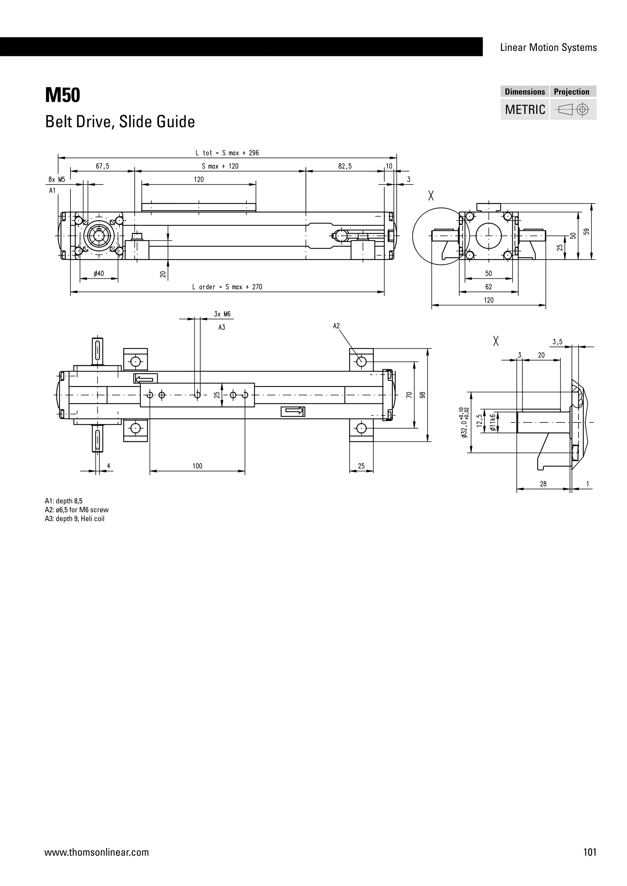 Linear Motion Systems
101www.thomsonlinear.com
M50
Belt Drive, Slide Guide
A1: depth 8,5
A2: ø6,5 for M6 screw
A3: depth 9, Heli coil
Dimensions Projection
METRIC
 