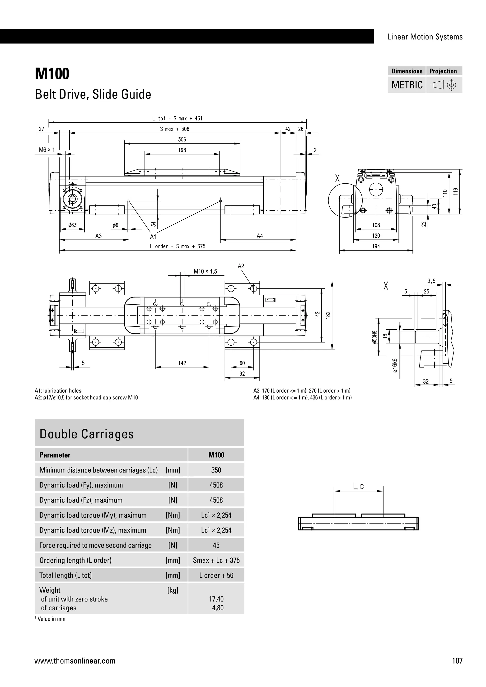 Linear Motion Systems
107www.thomsonlinear.com
M100
Belt Drive, Slide Guide
Double Carriages
Parameter M100
Minimum distance between carriages (Lc) [mm] 350
Dynamic load (Fy), maximum [N] 4508
Dynamic load (Fz), maximum [N] 4508
Dynamic load torque (My), maximum [Nm] Lc1
× 2,254
Dynamic load torque (Mz), maximum [Nm] Lc1
× 2,254
Force required to move second carriage [N] 45
Ordering length (L order) [mm] Smax + Lc + 375
Total length (L tot] [mm] L order + 56
Weight
of unit with zero stroke
of carriages
[kg]
17,40
4,80
A3: 170 (L order <= 1 m), 270 (L order > 1 m)
A4: 186 (L order < = 1 m), 436 (L order > 1 m)
1
Value in mm
A1: lubrication holes
A2: ø17/ø10,5 for socket head cap screw M10
Dimensions Projection
METRIC
 