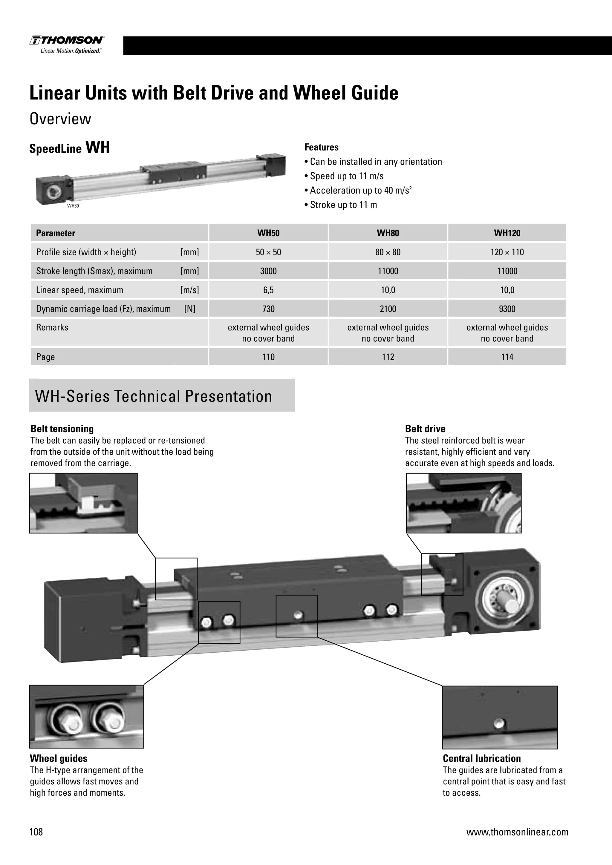 108 www.thomsonlinear.com
Belt drive
The steel reinforced belt is wear
resistant, highly efficient and very
accurate even at high speeds and loads.
Parameter WH50 WH80 WH120
Profile size (width × height) [mm] 50 × 50 80 × 80 120 × 110
Stroke length (Smax), maximum [mm] 3000 11000 11000
Linear speed, maximum [m/s] 6,5 10,0 10,0
Dynamic carriage load (Fz), maximum [N] 730 2100 9300
Remarks external wheel guides
no cover band
external wheel guides
no cover band
external wheel guides
no cover band
Page 110 112 114
Features
• Can be installed in any orientation
• Speed up to 11 m/s
• Acceleration up to 40 m/s2
• Stroke up to 11 m
SpeedLine WH
WH80
WH-Series Technical Presentation
Belt tensioning
The belt can easily be replaced or re-tensioned
from the outside of the unit without the load being
removed from the carriage.
Wheel guides
The H-type arrangement of the
guides allows fast moves and
high forces and moments.
Central lubrication
The guides are lubricated from a
central point that is easy and fast
to access.
Linear Units with Belt Drive and Wheel Guide
Overview
 