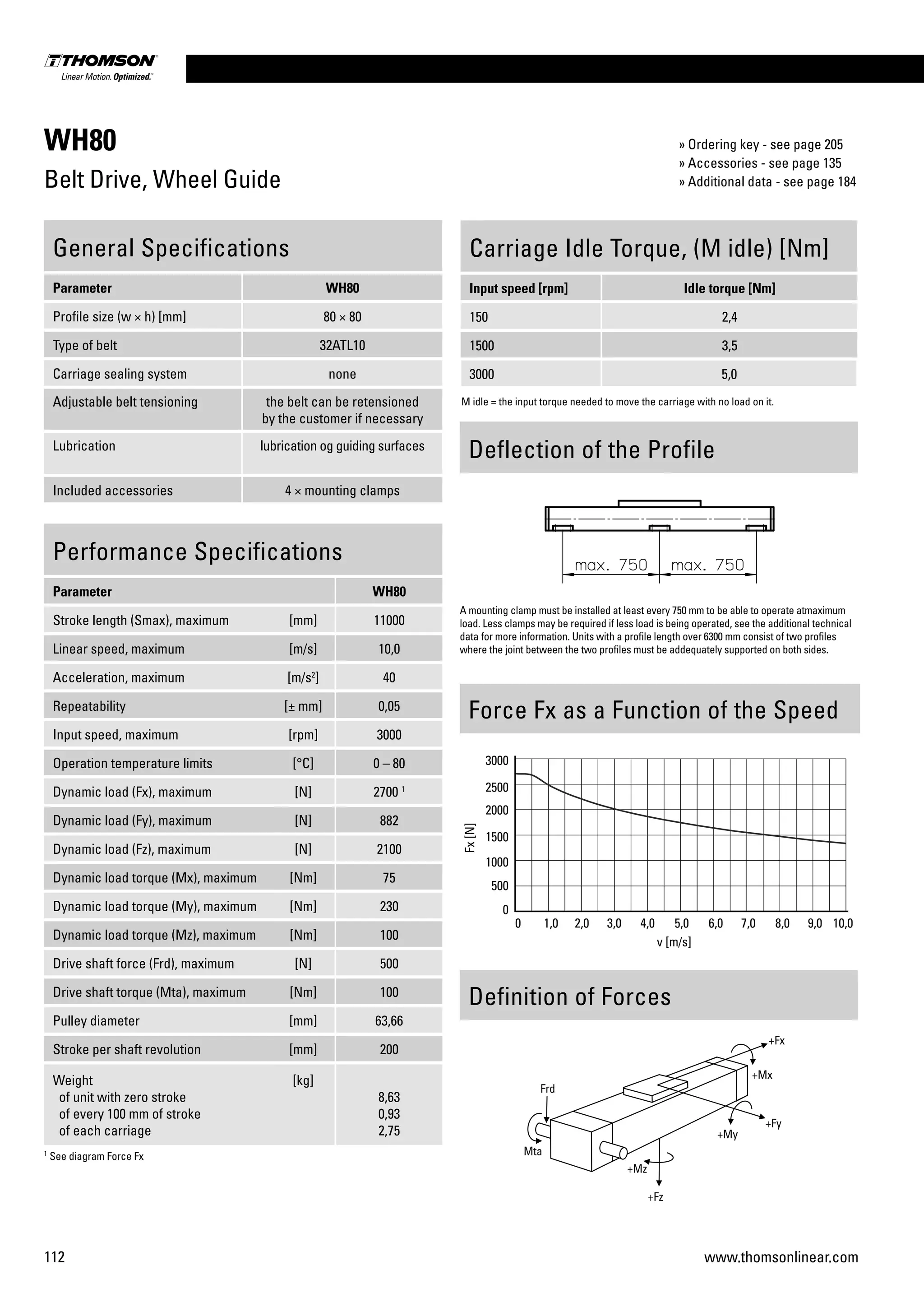 112 www.thomsonlinear.com
WH80
Belt Drive, Wheel Guide
Performance Specifications
Parameter WH80
Stroke length (Smax), maximum [mm] 11000
Linear speed, maximum [m/s] 10,0
Acceleration, maximum [m/s2
] 40
Repeatability [± mm] 0,05
Input speed, maximum [rpm] 3000
Operation temperature limits [°C] 0 – 80
Dynamic load (Fx), maximum [N] 2700 1
Dynamic load (Fy), maximum [N] 882
Dynamic load (Fz), maximum [N] 2100
Dynamic load torque (Mx), maximum [Nm] 75
Dynamic load torque (My), maximum [Nm] 230
Dynamic load torque (Mz), maximum [Nm] 100
Drive shaft force (Frd), maximum [N] 500
Drive shaft torque (Mta), maximum [Nm] 100
Pulley diameter [mm] 63,66
Stroke per shaft revolution [mm] 200
Weight
of unit with zero stroke
of every 100 mm of stroke
of each carriage
[kg]
8,63
0,93
2,75
General Specifications
Parameter WH80
Profile size (w × h) [mm] 80 × 80
Type of belt 32ATL10
Carriage sealing system none
Adjustable belt tensioning the belt can be retensioned
by the customer if necessary
Lubrication lubrication og guiding surfaces
Included accessories 4 × mounting clamps
Carriage Idle Torque, (M idle) [Nm]
Input speed [rpm] Idle torque [Nm]
150 2,4
1500 3,5
3000 5,0
M idle = the input torque needed to move the carriage with no load on it.
Force Fx as a Function of the Speed
Definition of Forces
1
See diagram Force Fx
Deflection of the Profile
A mounting clamp must be installed at least every 750 mm to be able to operate atmaximum
load. Less clamps may be required if less load is being operated, see the additional technical
data for more information. Units with a profile length over 6300 mm consist of two profiles
where the joint between the two profiles must be addequately supported on both sides.
» Ordering key - see page 205
» Accessories - see page 135
» Additional data - see page 184
 