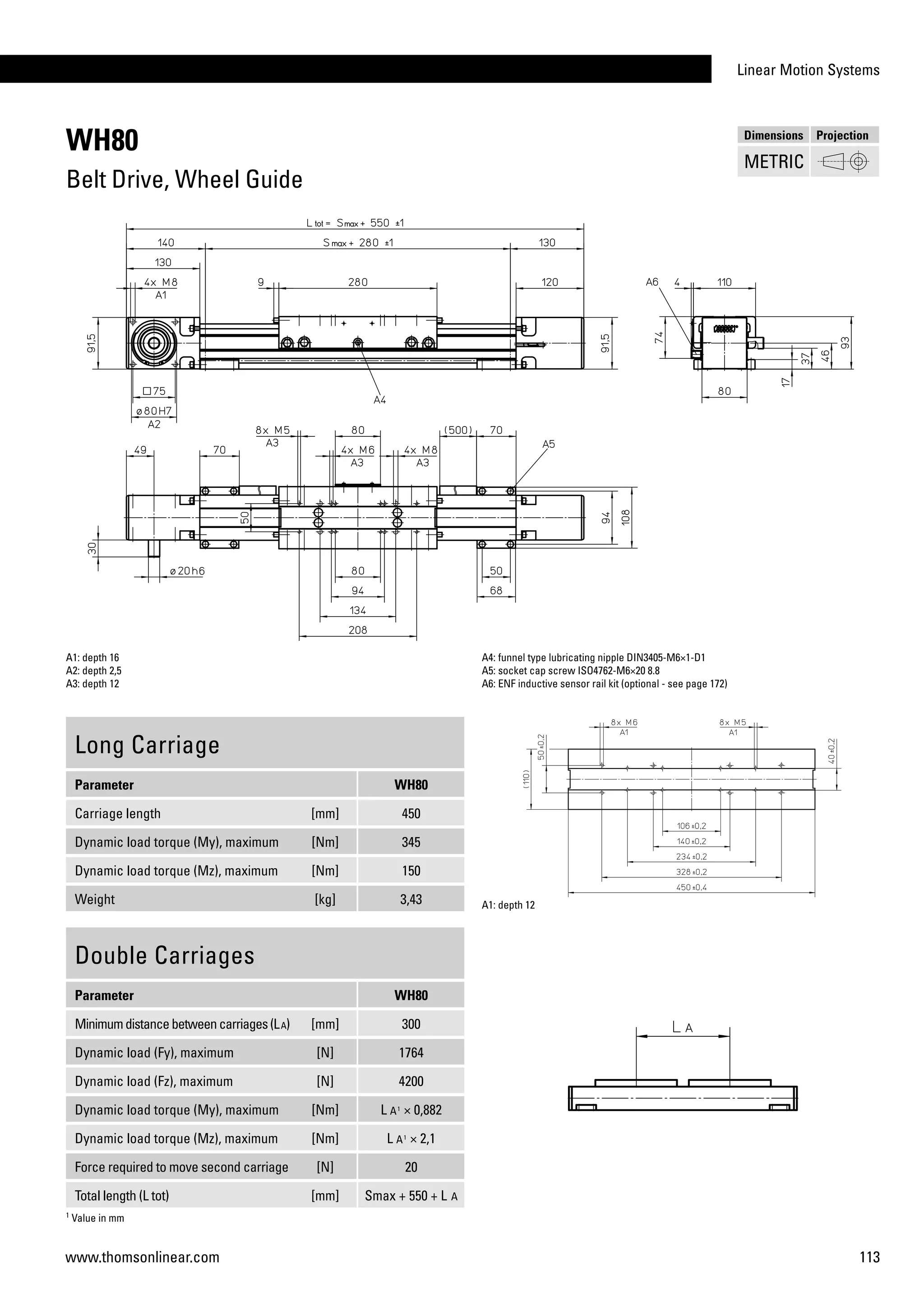 Linear Motion Systems
113www.thomsonlinear.com
WH80
Belt Drive, Wheel Guide
Long Carriage
Parameter WH80
Carriage length [mm] 450
Dynamic load torque (My), maximum [Nm] 345
Dynamic load torque (Mz), maximum [Nm] 150
Weight [kg] 3,43
A1: depth 16
A2: depth 2,5
A3: depth 12
A4: funnel type lubricating nipple DIN3405-M6×1-D1
A5: socket cap screw ISO4762-M6×20 8.8
A6: ENF inductive sensor rail kit (optional - see page 172)
Double Carriages
Parameter WH80
Minimumdistancebetweencarriages(LA) [mm] 300
Dynamic load (Fy), maximum [N] 1764
Dynamic load (Fz), maximum [N] 4200
Dynamic load torque (My), maximum [Nm] L A1
× 0,882
Dynamic load torque (Mz), maximum [Nm] L A1
× 2,1
Force required to move second carriage [N] 20
Total length (L tot) [mm] Smax + 550 + L A
A1: depth 12
1
Value in mm
Dimensions Projection
METRIC
 
