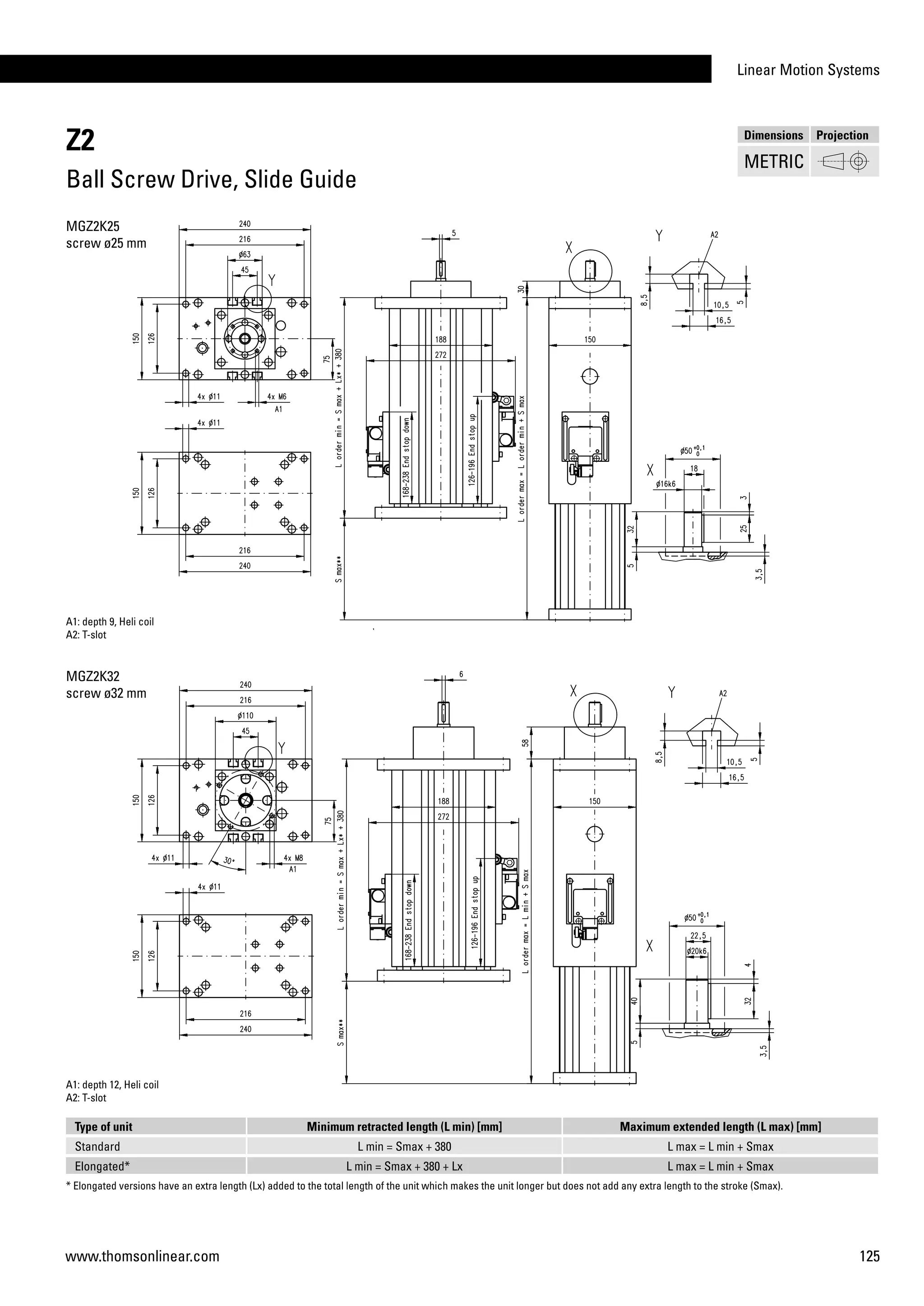 Linear Motion Systems
125www.thomsonlinear.com
A1: depth 12, Heli coil
A2: T-slot
Type of unit Minimum retracted length (L min) [mm] Maximum extended length (L max) [mm]
Standard L min = Smax + 380 L max = L min + Smax
Elongated* L min = Smax + 380 + Lx L max = L min + Smax
Z2
Ball Screw Drive, Slide Guide
* Elongated versions have an extra length (Lx) added to the total length of the unit which makes the unit longer but does not add any extra length to the stroke (Smax).
A1: depth 9, Heli coil
A2: T-slot
MGZ2K25
screw ø25 mm
MGZ2K32
screw ø32 mm
Dimensions Projection
METRIC
 