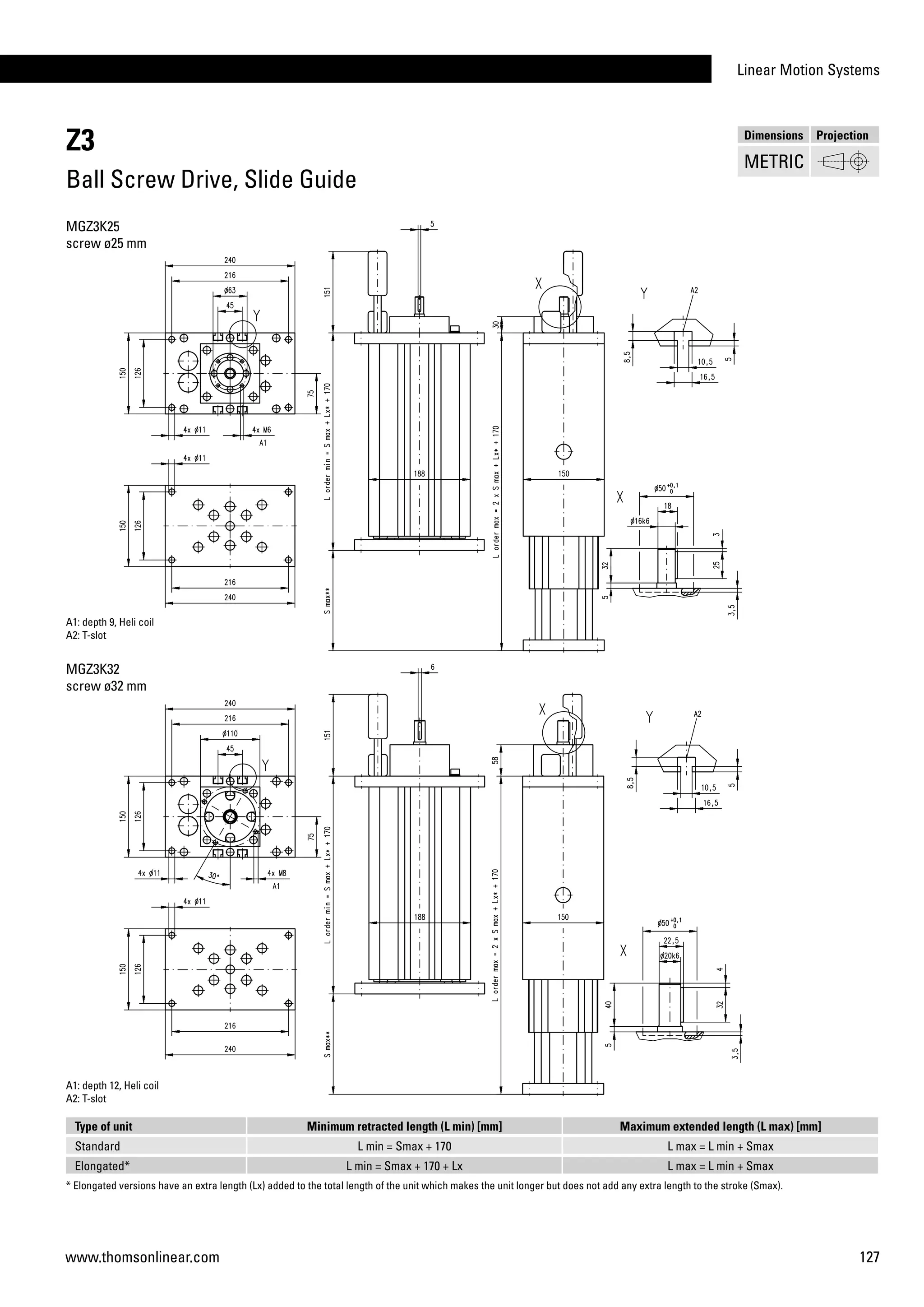 Linear Motion Systems
127www.thomsonlinear.com
Type of unit Minimum retracted length (L min) [mm] Maximum extended length (L max) [mm]
Standard L min = Smax + 170 L max = L min + Smax
Elongated* L min = Smax + 170 + Lx L max = L min + Smax
Z3
Ball Screw Drive, Slide Guide
* Elongated versions have an extra length (Lx) added to the total length of the unit which makes the unit longer but does not add any extra length to the stroke (Smax).
A1: depth 12, Heli coil
A2: T-slot
A1: depth 9, Heli coil
A2: T-slot
MGZ3K25
screw ø25 mm
MGZ3K32
screw ø32 mm
Dimensions Projection
METRIC
 