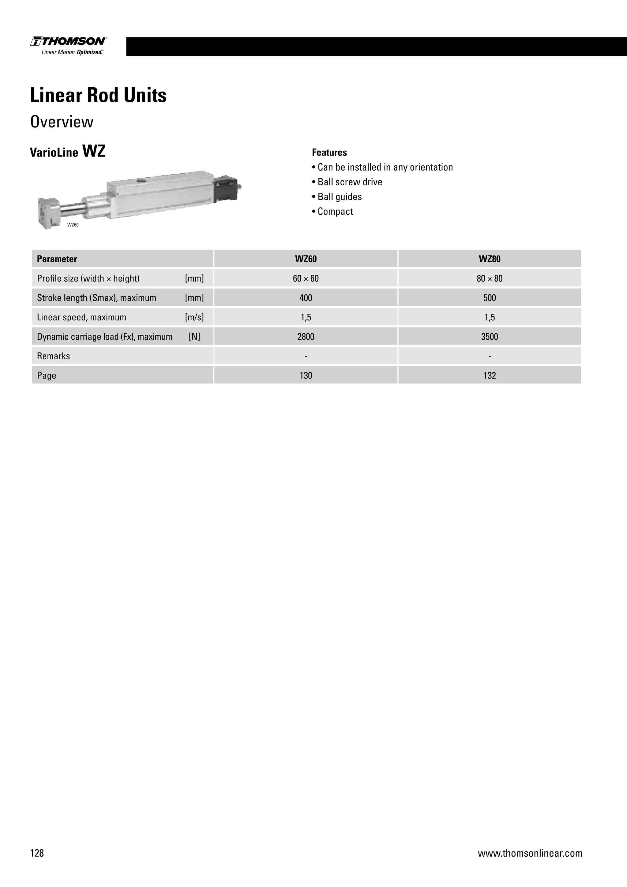 128 www.thomsonlinear.com
Parameter WZ60 WZ80
Profile size (width × height) [mm] 60 × 60 80 × 80
Stroke length (Smax), maximum [mm] 400 500
Linear speed, maximum [m/s] 1,5 1,5
Dynamic carriage load (Fx), maximum [N] 2800 3500
Remarks - -
Page 130 132
Features
• Can be installed in any orientation
• Ball screw drive
• Ball guides
• Compact
VarioLine WZ
WZ60
Linear Rod Units
Overview
 